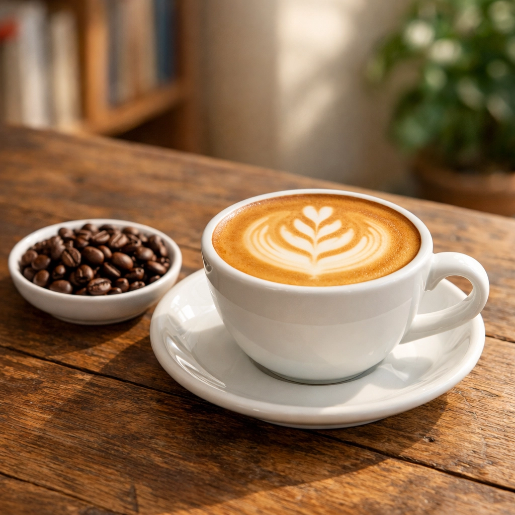 A professionally prepared flat white coffee and roasted beans on a rustic café table.