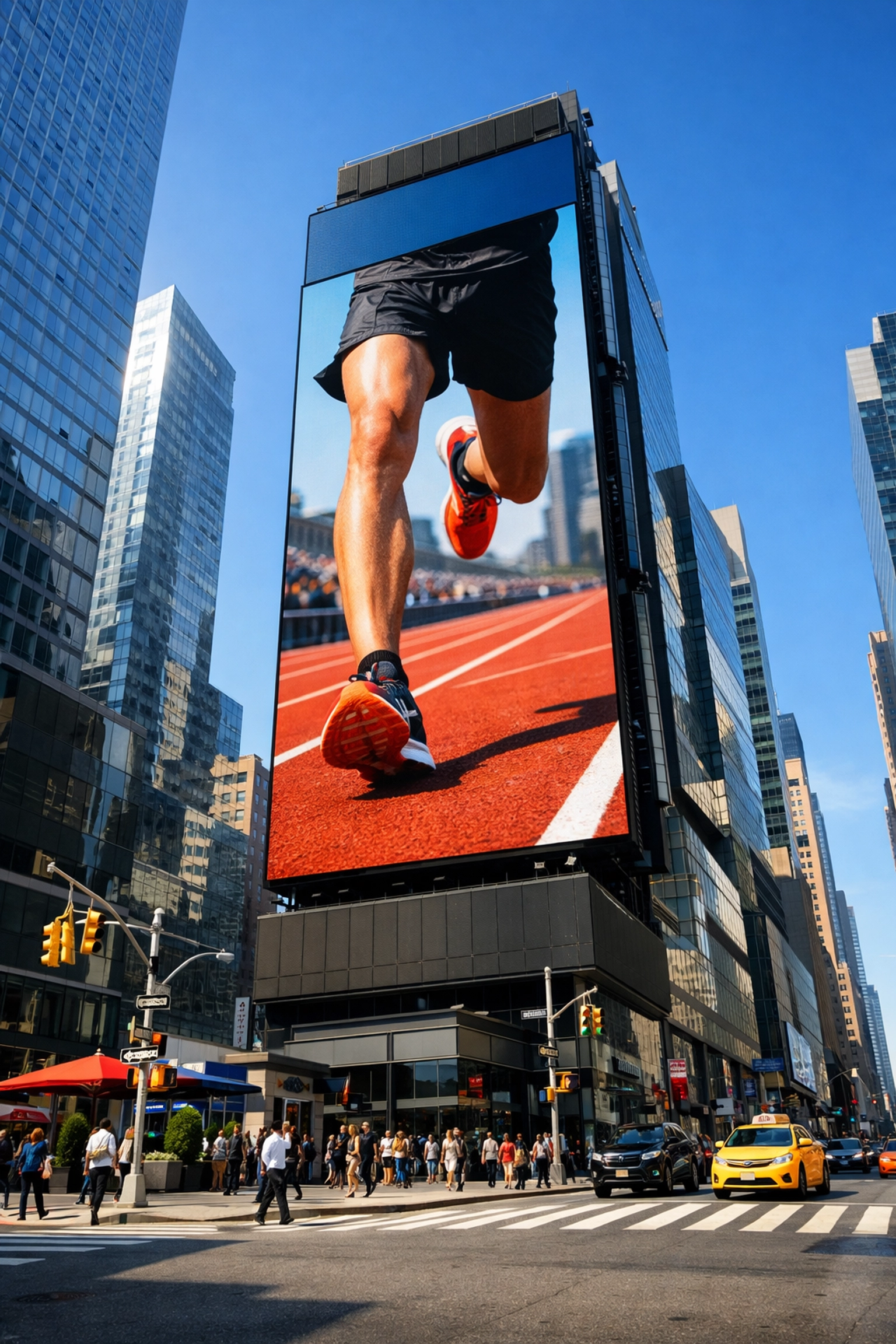 A massive digital billboard in a metropolitan city center showcasing a professional marathon runner.