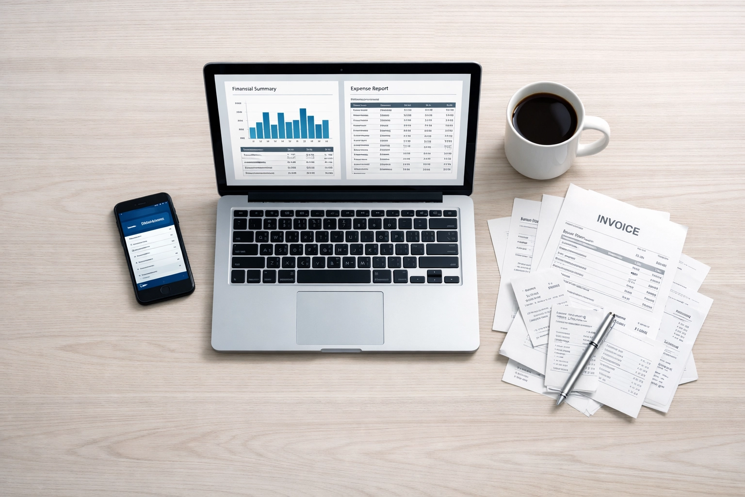 The Financial Case for “AI Employees” in Your Small Business 1 Side hustle workspace with laptop showing financial spreadsheets, invoices, and receipts on desk