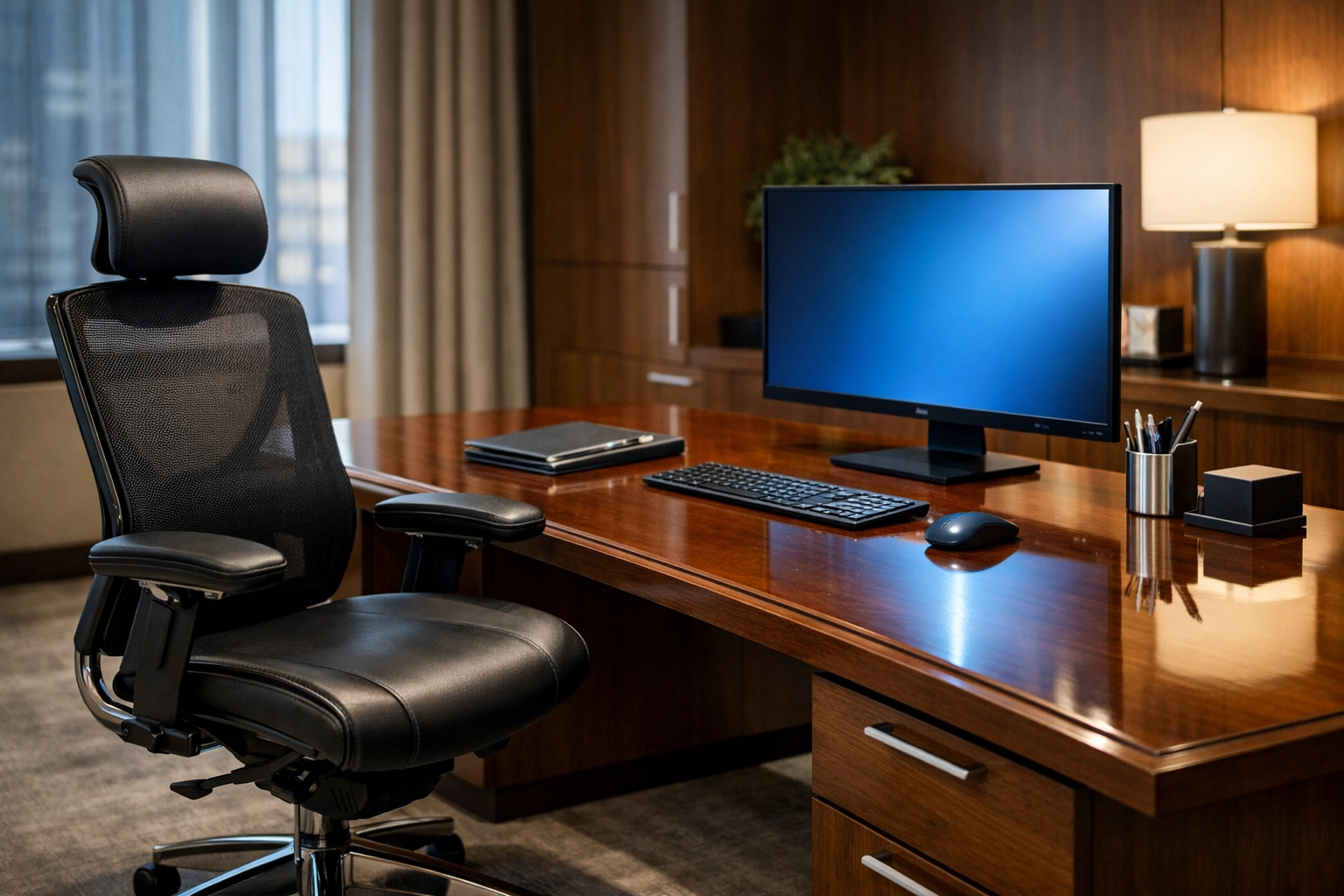 A dust-free minimalist executive workstation showcasing professional office cleaning results in Foxborough.