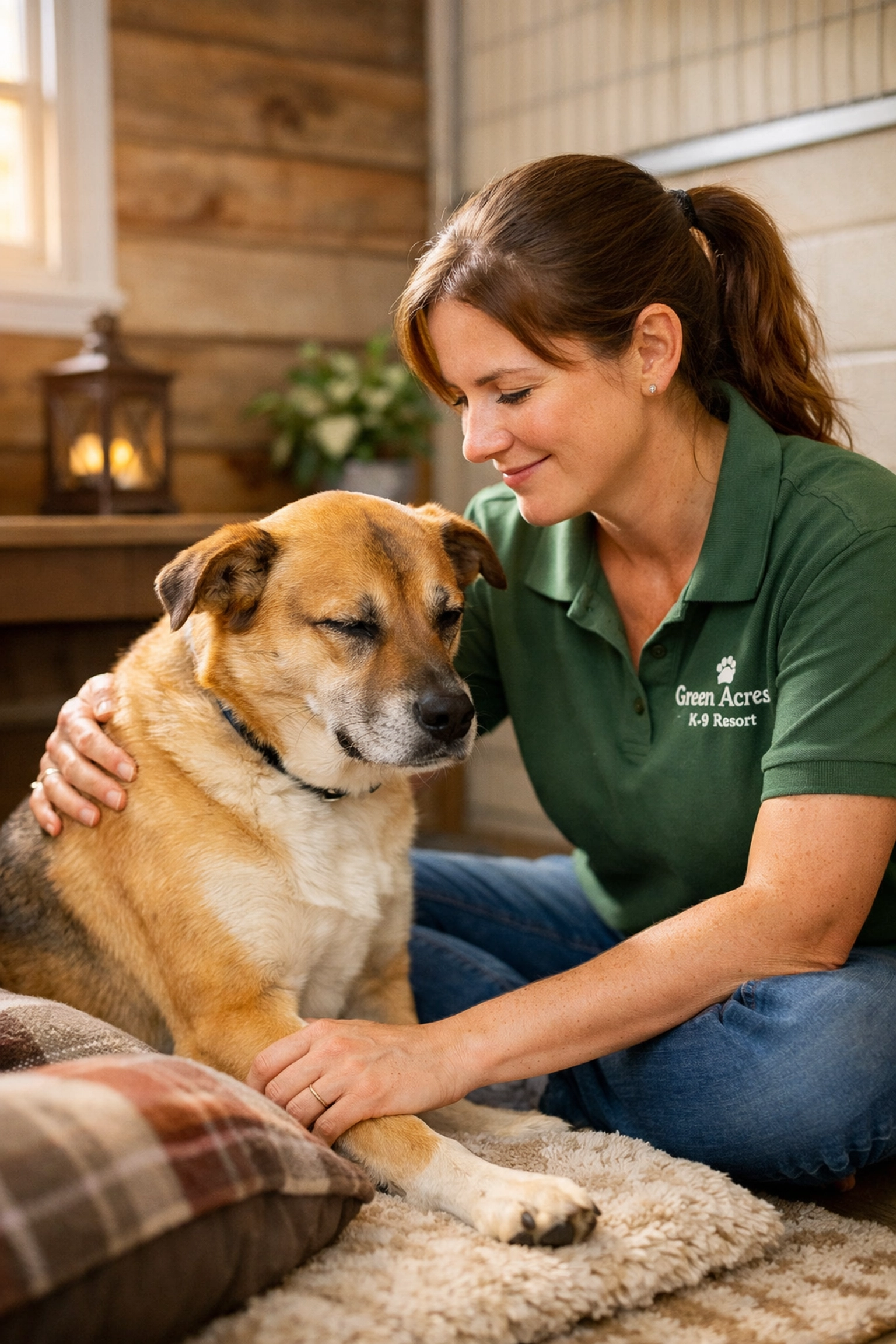 Green Acres K-9 Resort helper provides calm reassurance to an anxious dog during holistic dog boarding in Portland.