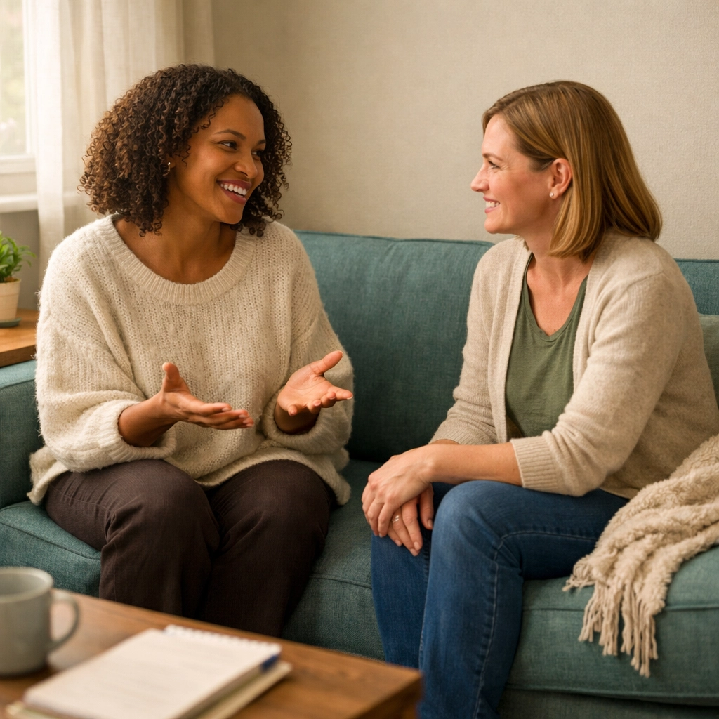 LGBTQ+ affirming therapy session in welcoming, comfortable counseling space