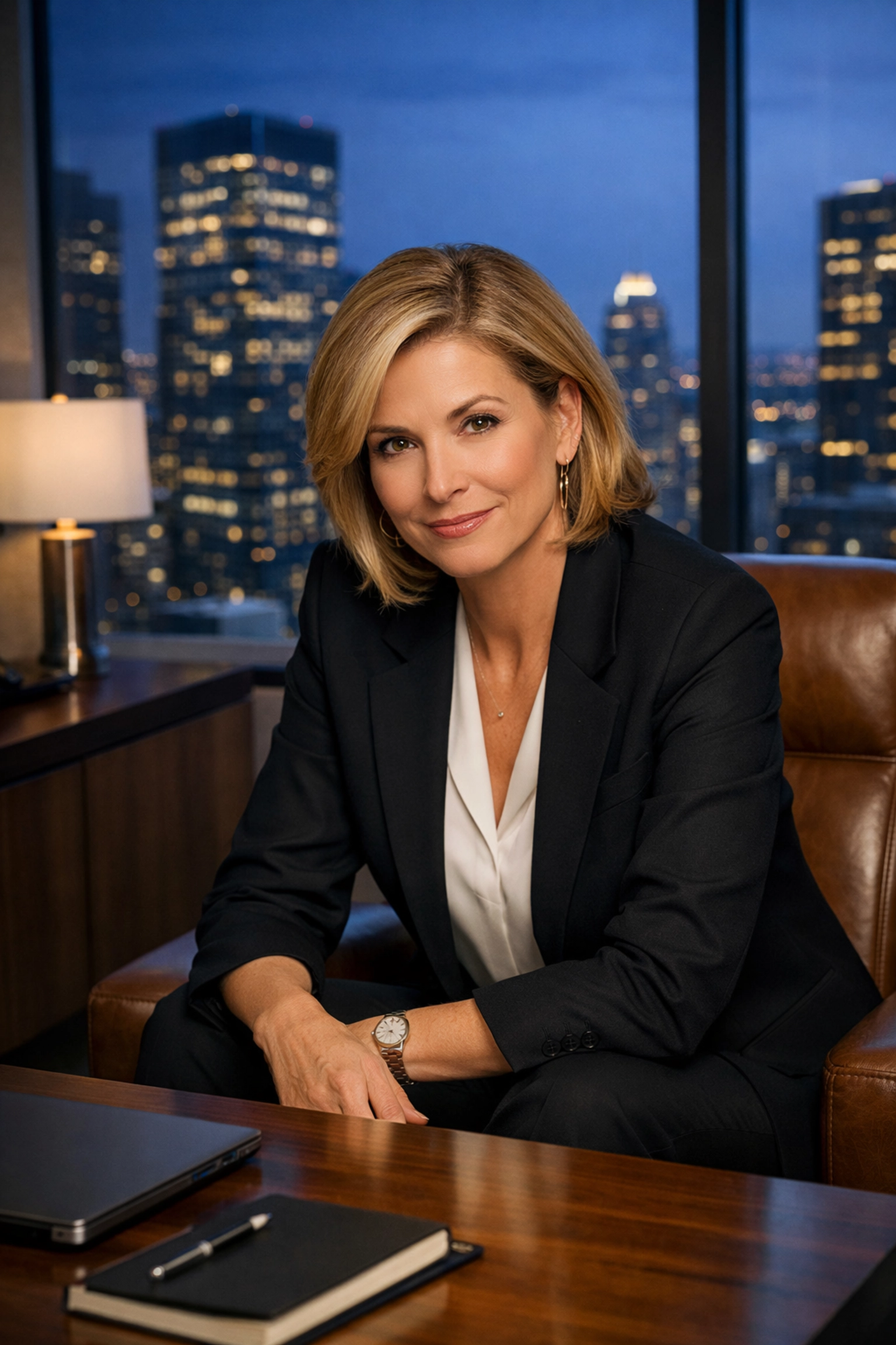 A professional Fractional CMO planning strategic business growth in a modern office overlooking a city at dusk.