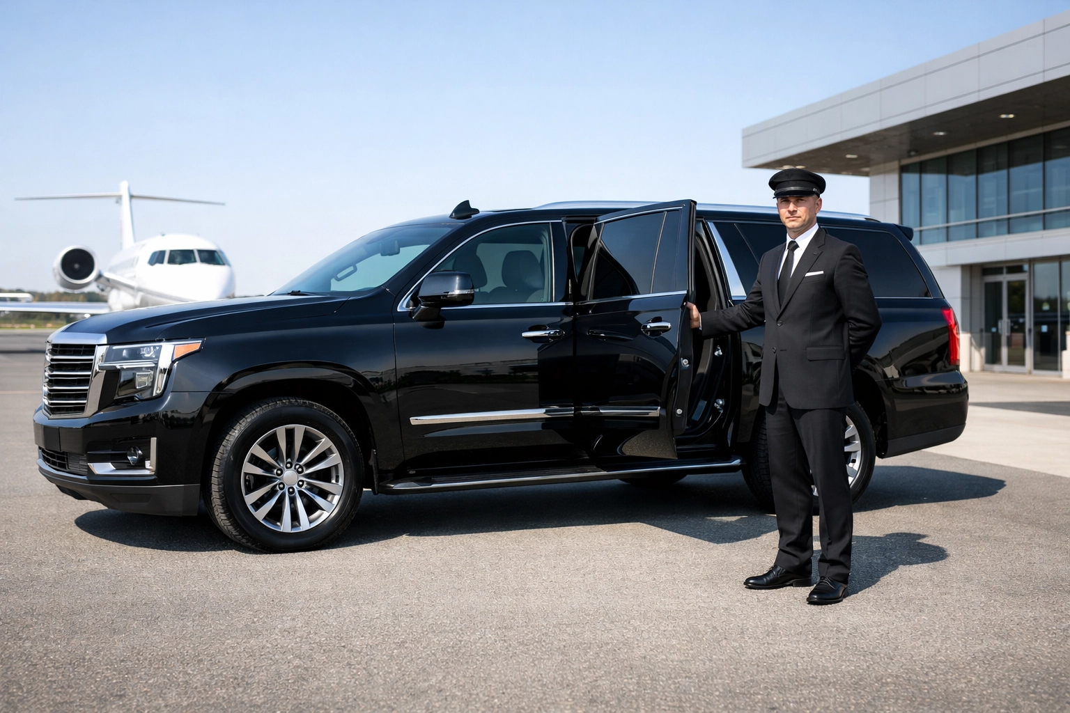 Luxury SUV and professional chauffeur at a private airport terminal for VIP Super Bowl travel logistics.