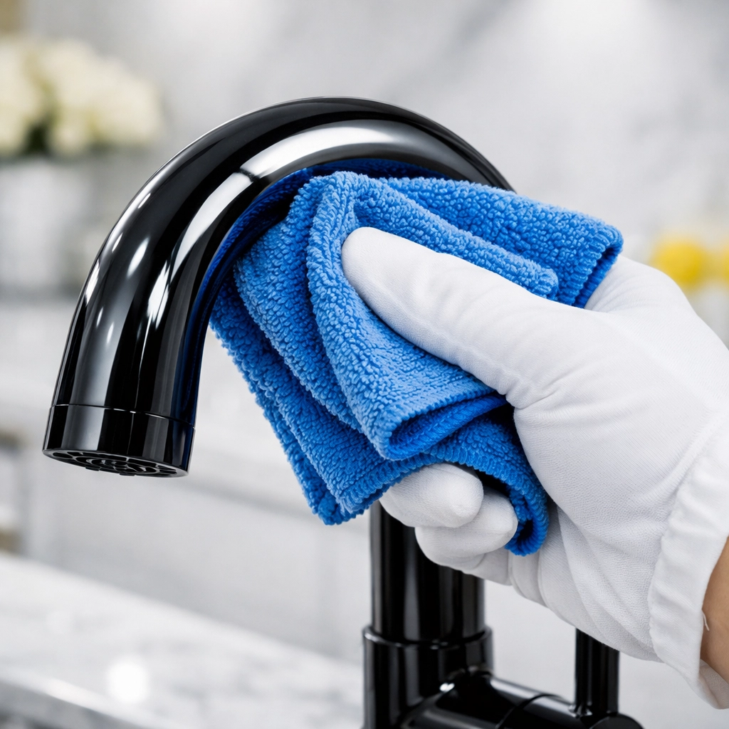 Professional kitchen cleaning focusing on high-touch surfaces for 5-star Airbnb reviews.