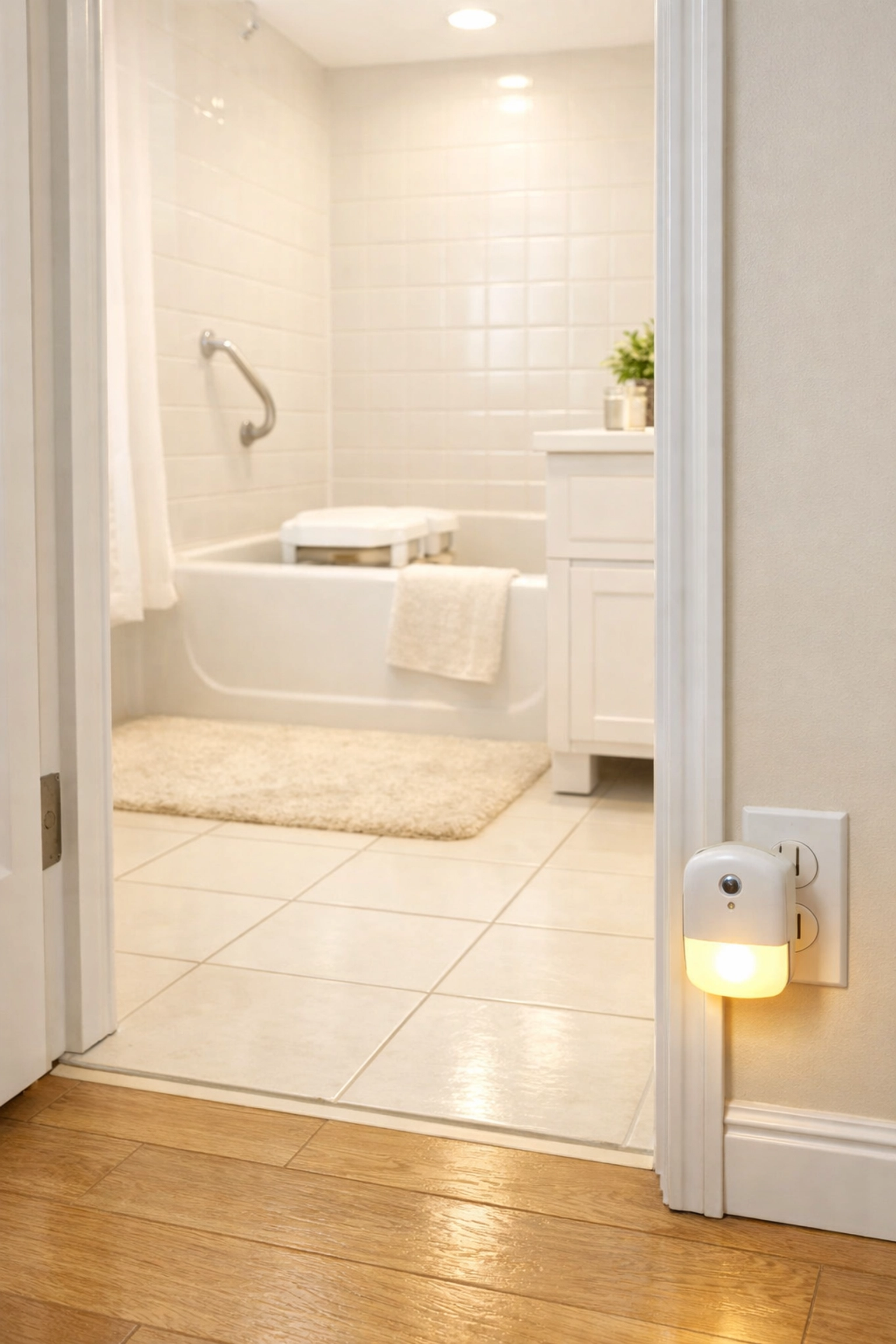 Well-lit bathroom with motion-activated nightlight for fall prevention and safe navigation