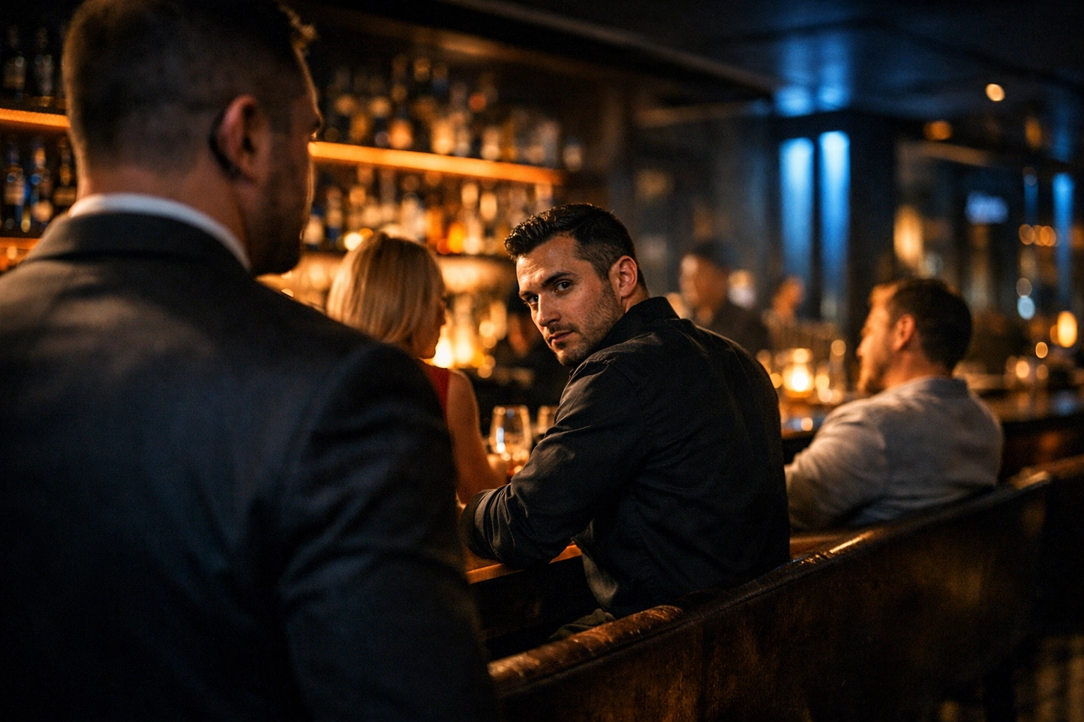 Professional Medellin bodyguard monitoring a luxury bar to identify setups and provide expert scopolamine protection.