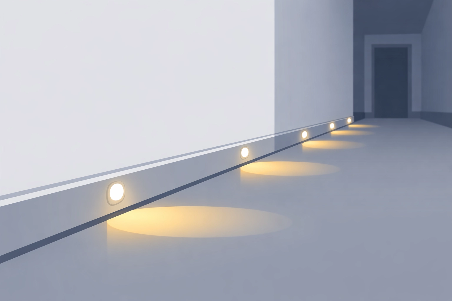 Motion-sensor path lights along a hallway baseboard for night-time fall prevention.