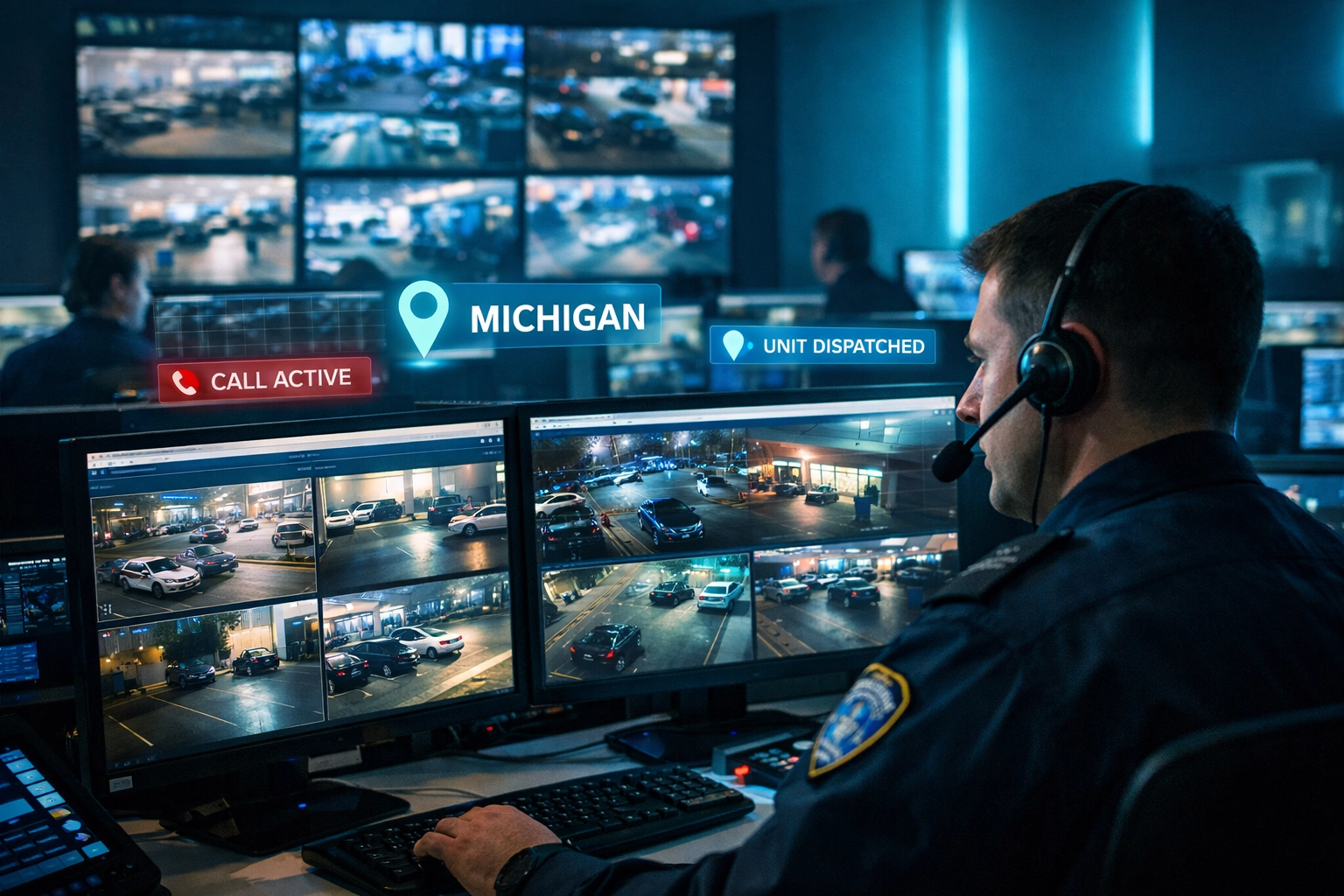 911 dispatcher monitoring live security camera feeds from Michigan businesses in real-time
