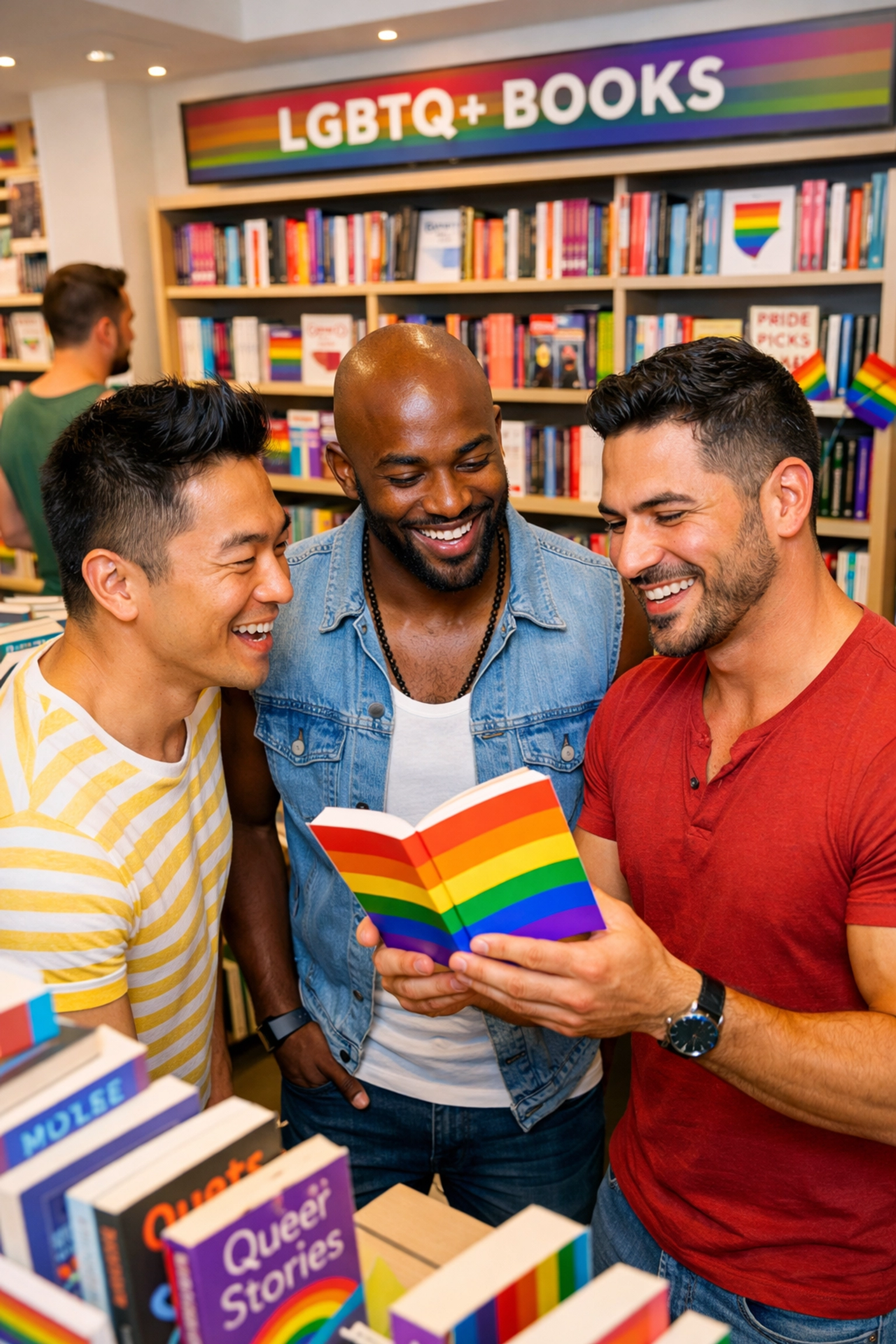 Diverse gay men discovering new MM romance books and queer literature in a vibrant, inclusive bookstore.