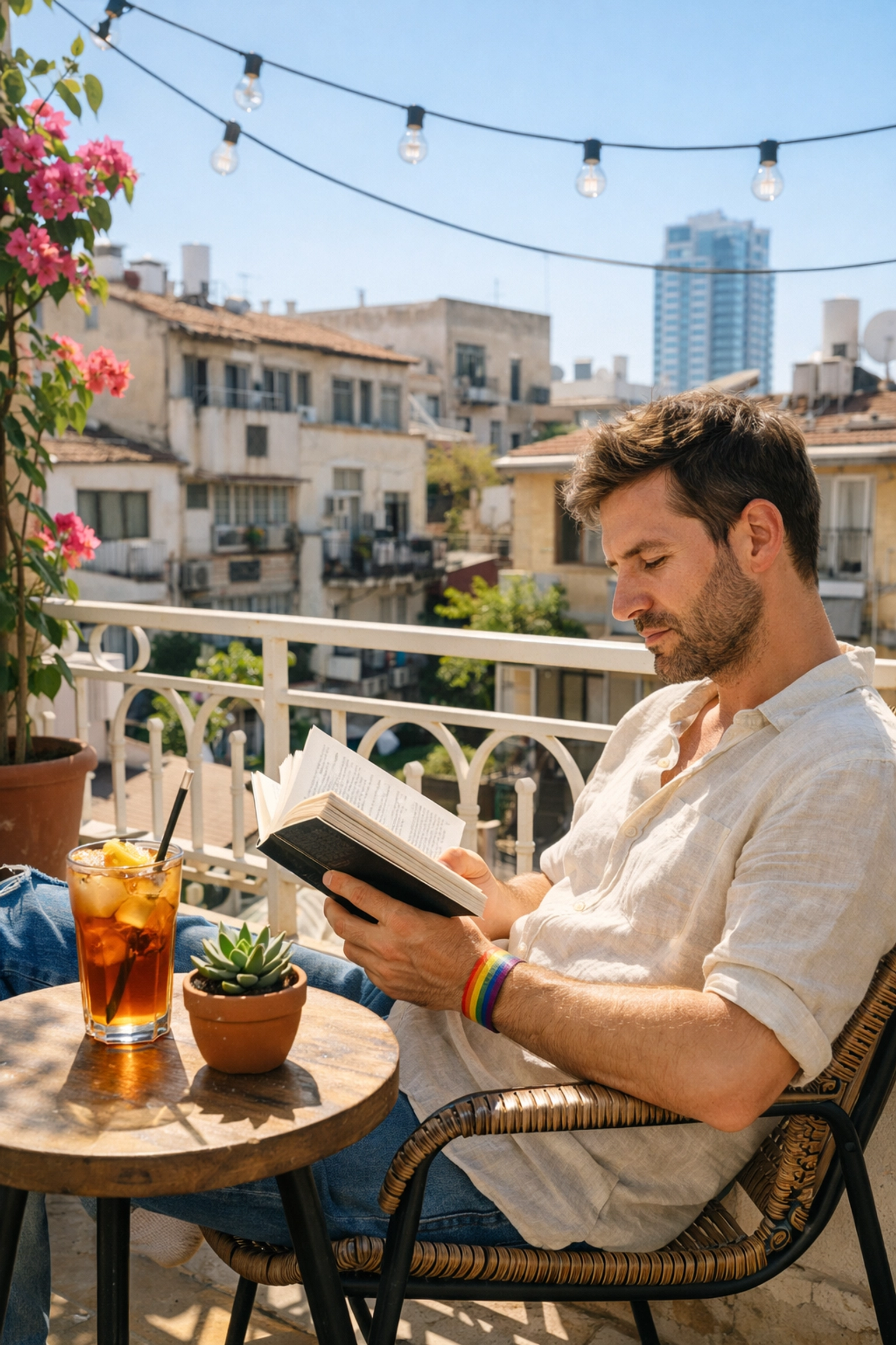 A man reading a gay romance novel on a sun-lit Tel Aviv balcony in the Florentin neighborhood.