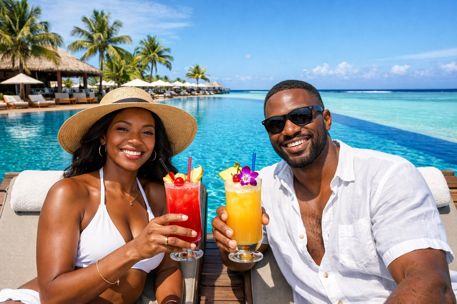 Black couple enjoying luxury all inclusive vacation packages at a premium Caribbean resort.