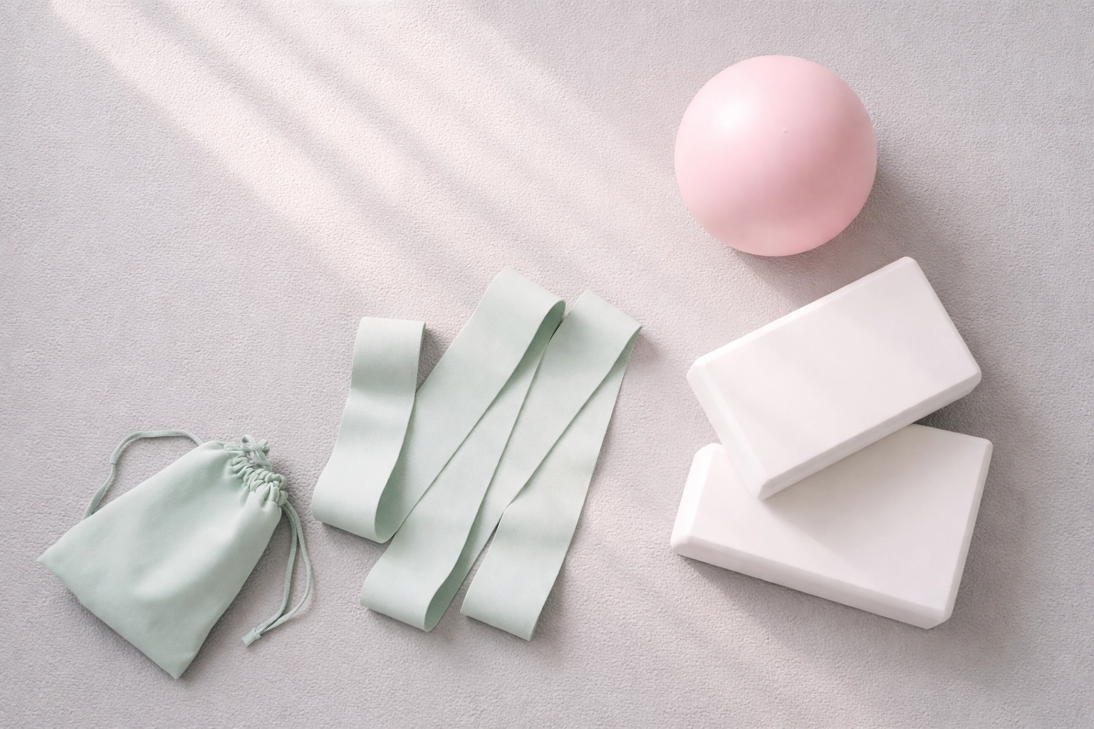 Minimalist Pilates props including ball, resistance bands, and blocks arranged on a mat for Denver class