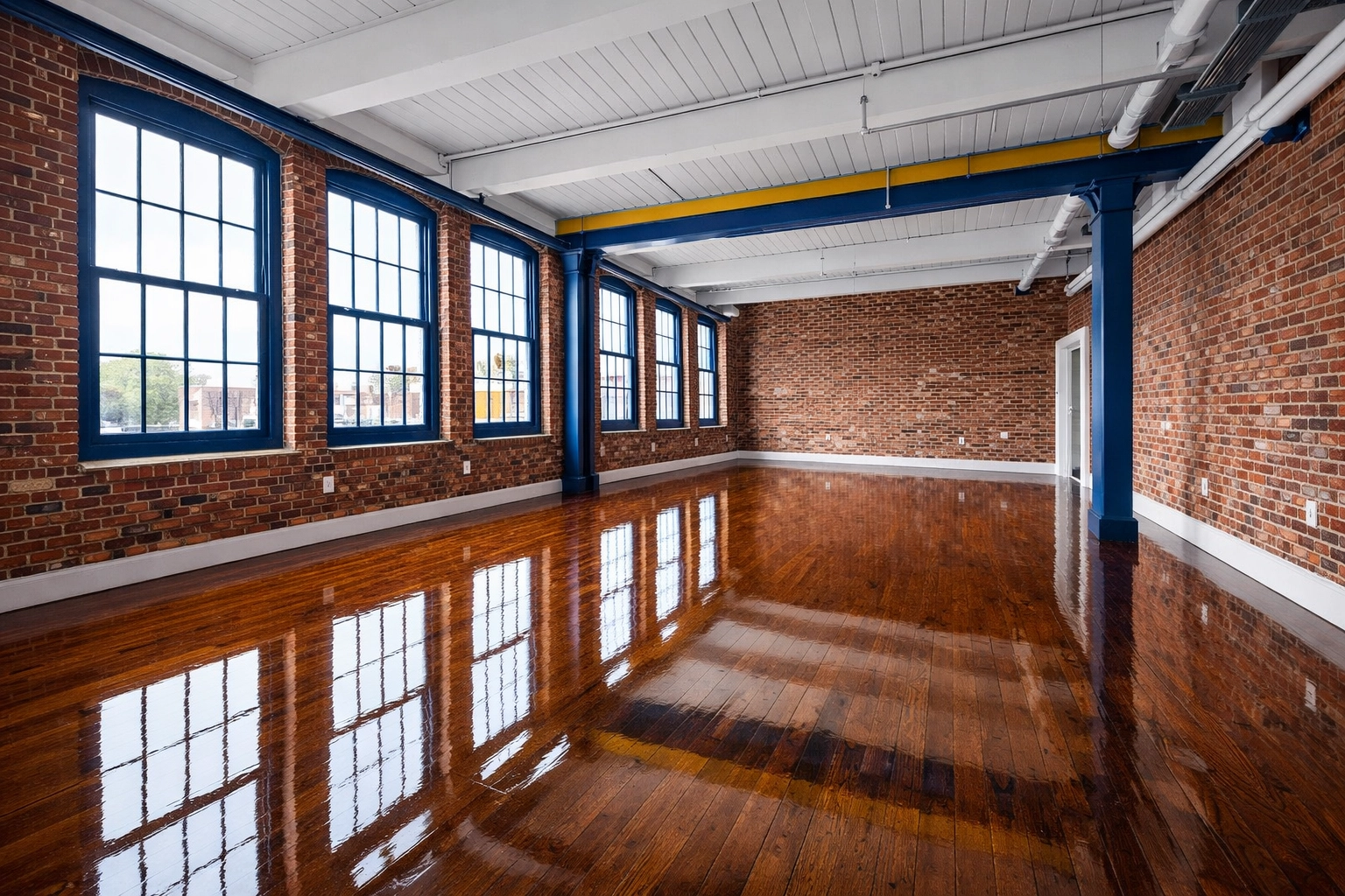 Empty mill loft with polished floors after professional move-in/move-out cleaning Lowell.
