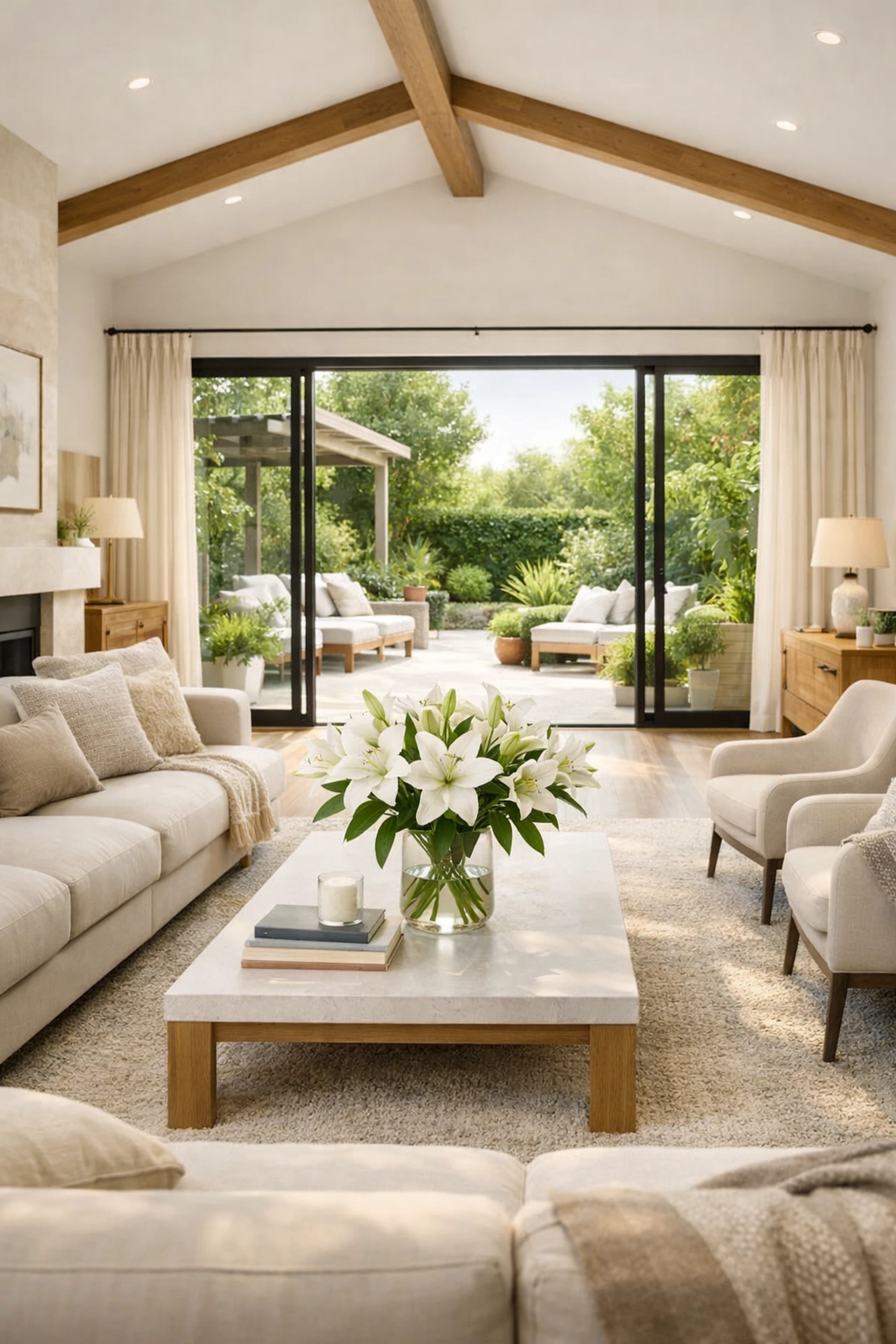 Modern open-concept Florida living room interior showing the result of a successful home purchase and closing.