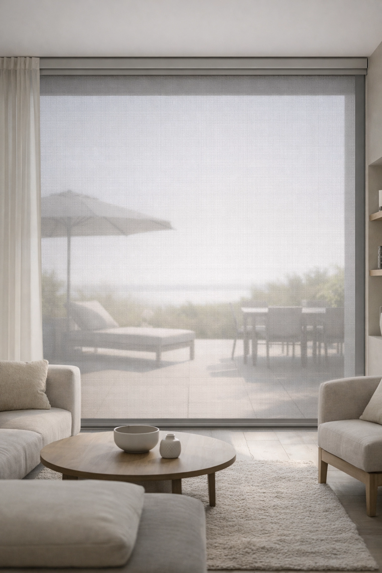 Transparenter Zip Screen bietet Hitzeschutz und freie Sicht nach draußen im modernen Wohnzimmer.