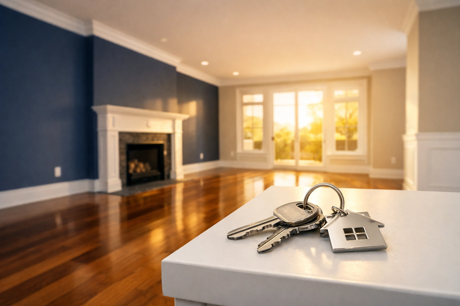 House keys on a table in an empty living room with polished hardwood floors after a move-out clean.