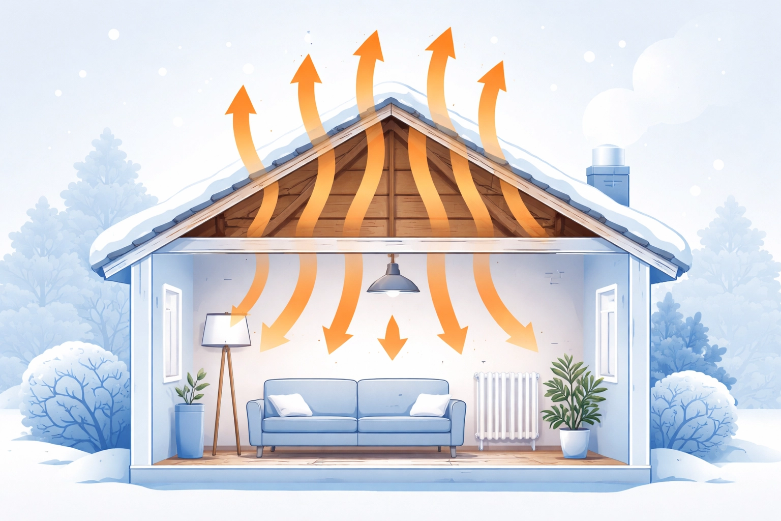 Illustration of a house with heat visibly escaping through the loft, highlighting the need for loft insulation in UK homes
