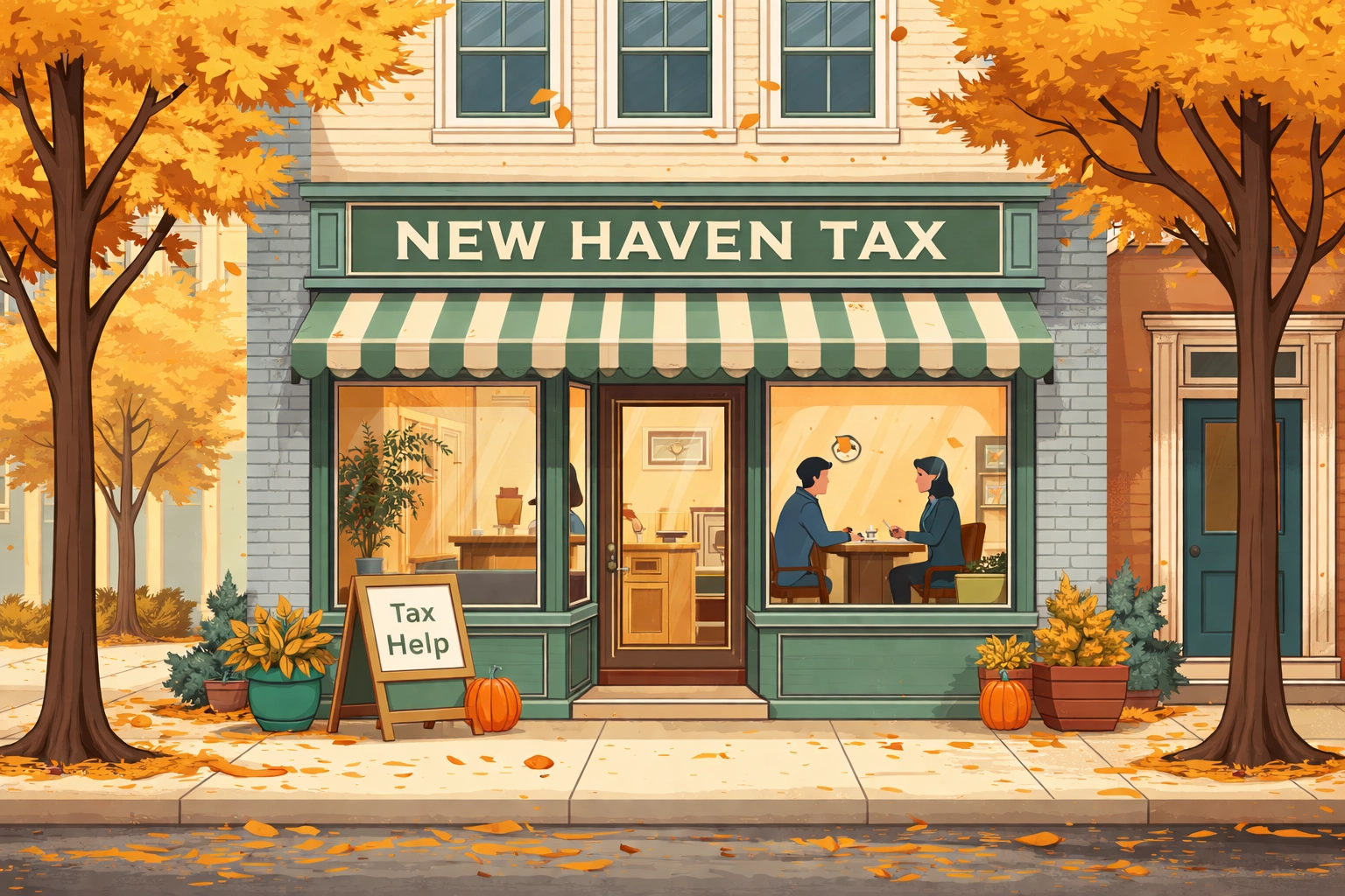Cozy New Haven tax office in autumn, showing personalized tax consultation and local expertise for 2026 tax season