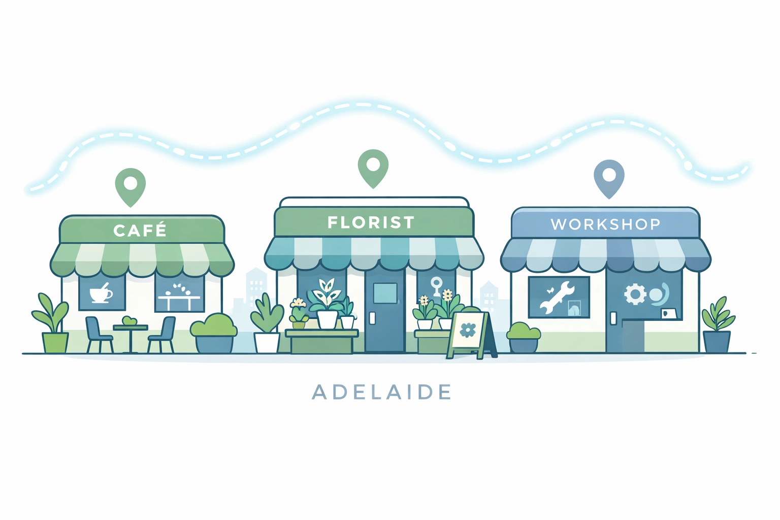 Illustration of Adelaide businesses connected by digital lines representing local marketing Adelaide solutions.