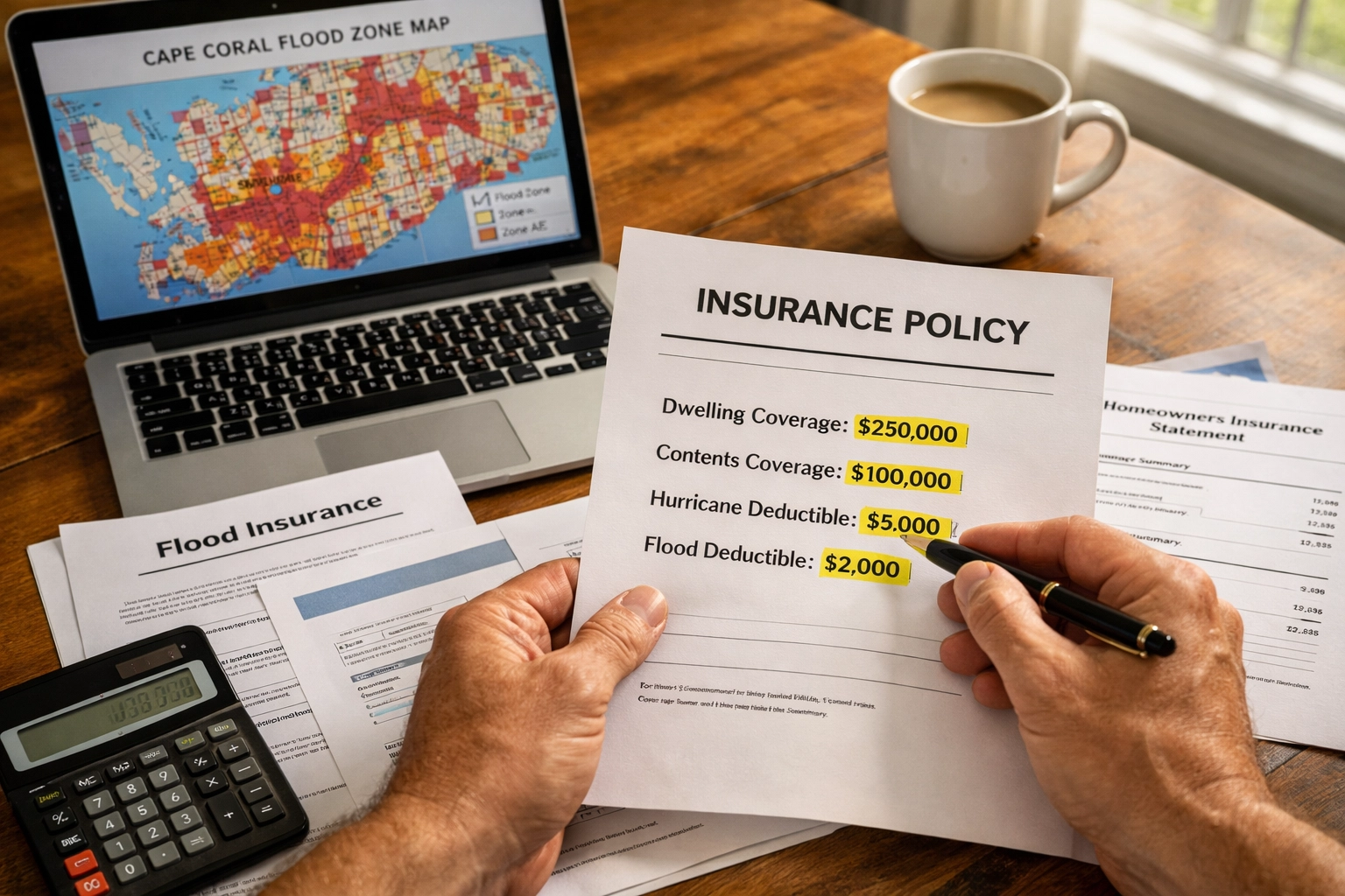 Cape Coral homeowner reviewing flood insurance documents and hurricane coverage at home