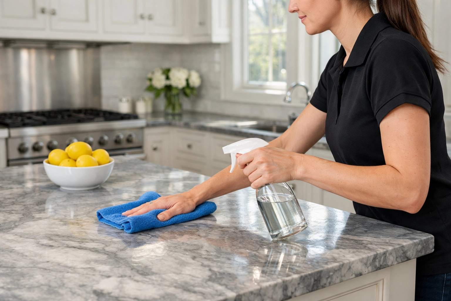 Professional cleaner in Lexington using eco-friendly supplies in a bright, modern kitchen.