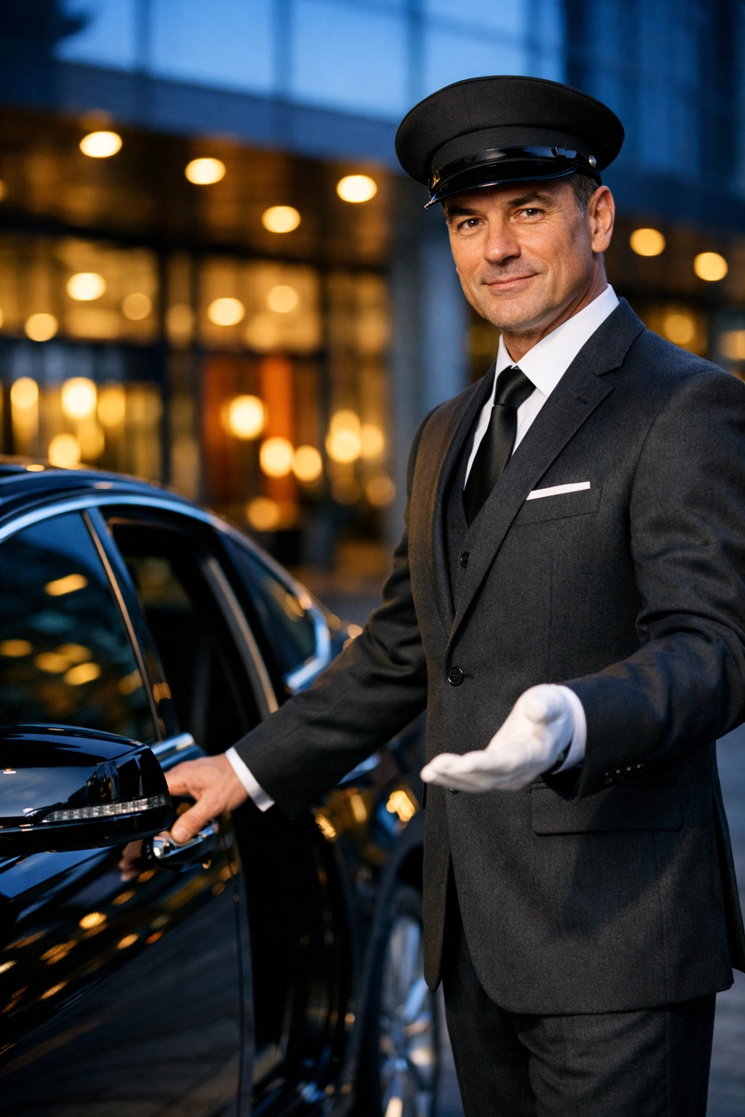 Professional chauffeur opening the door of a black luxury sedan at a modern hotel entrance.