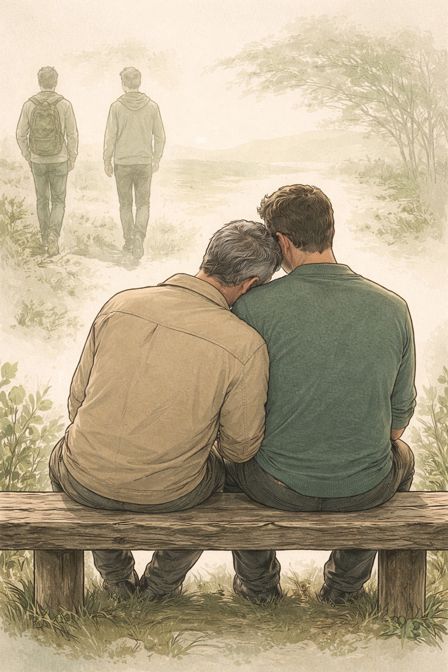 Two men in their fifties sitting close on a bench, embracing second-chance gay romance