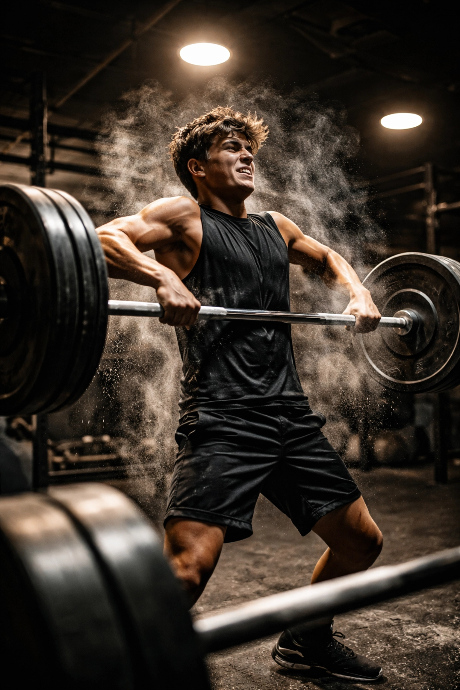 Teen baseball athlete lifting weights in a gym, building confidence and strength through training