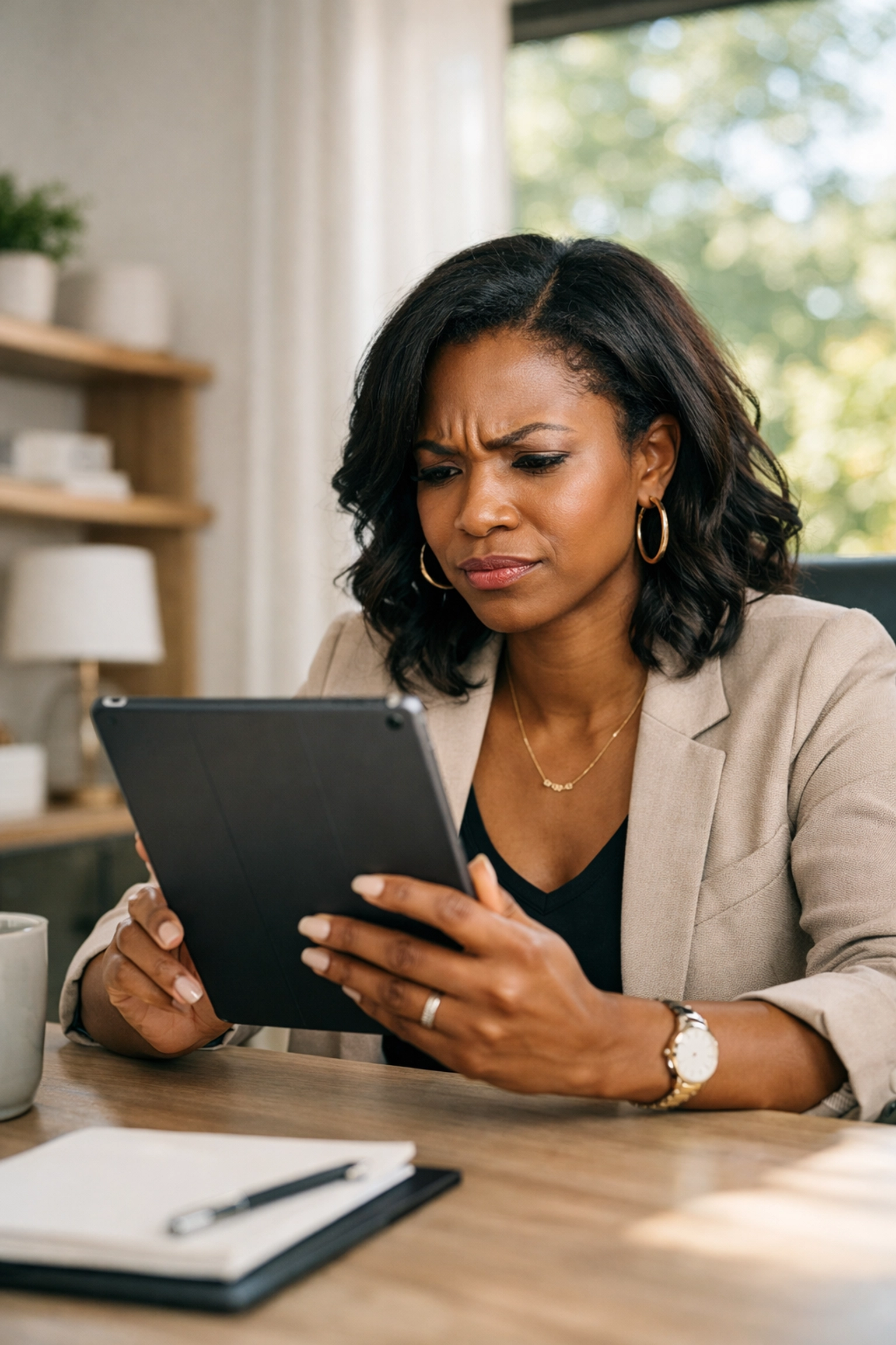 Black homebuyer carefully examining a virtual house tour on a tablet in her home office.
