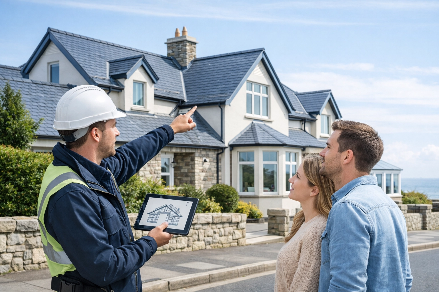 Expert conducting a roof survey in Bangor for a pre-purchase property inspection with homeowners.