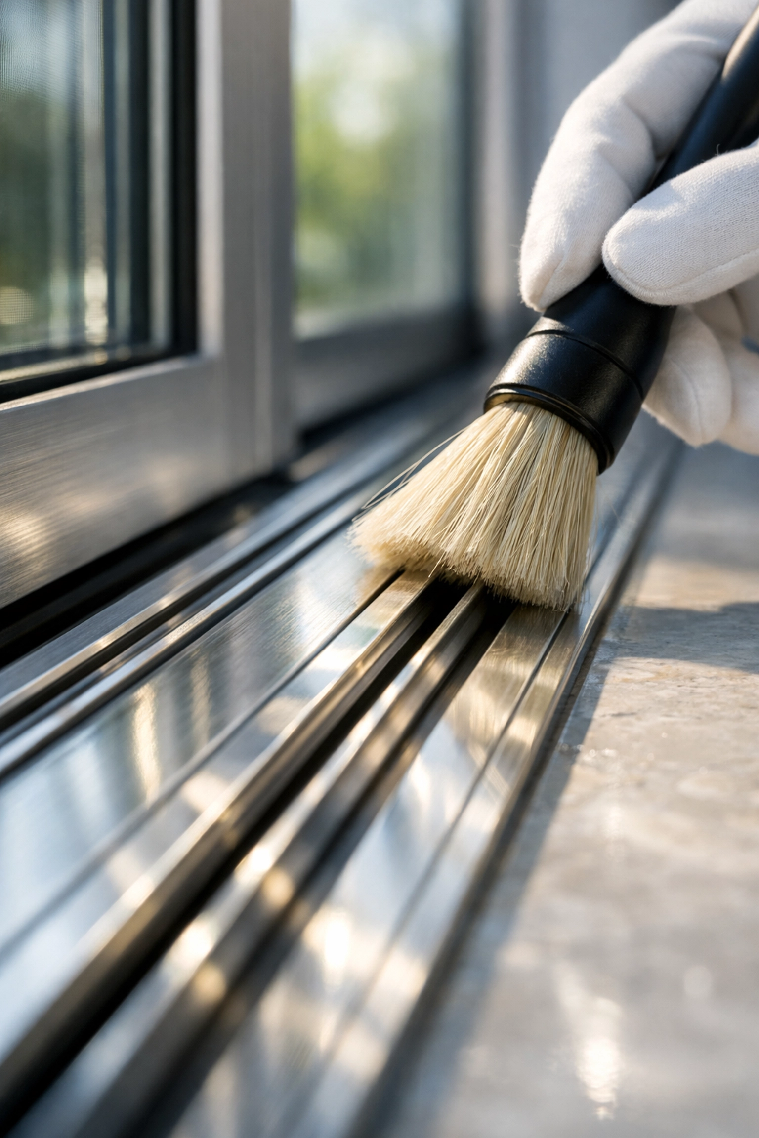 Detailed cleaning of a sliding door track, removing debris to meet professional move-in standards.
