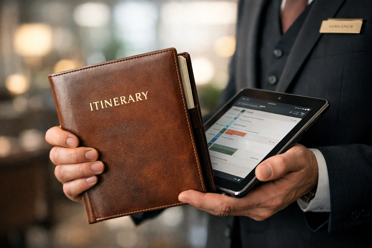 Professional holding a leather travel itinerary and tablet to manage corporate event communication.