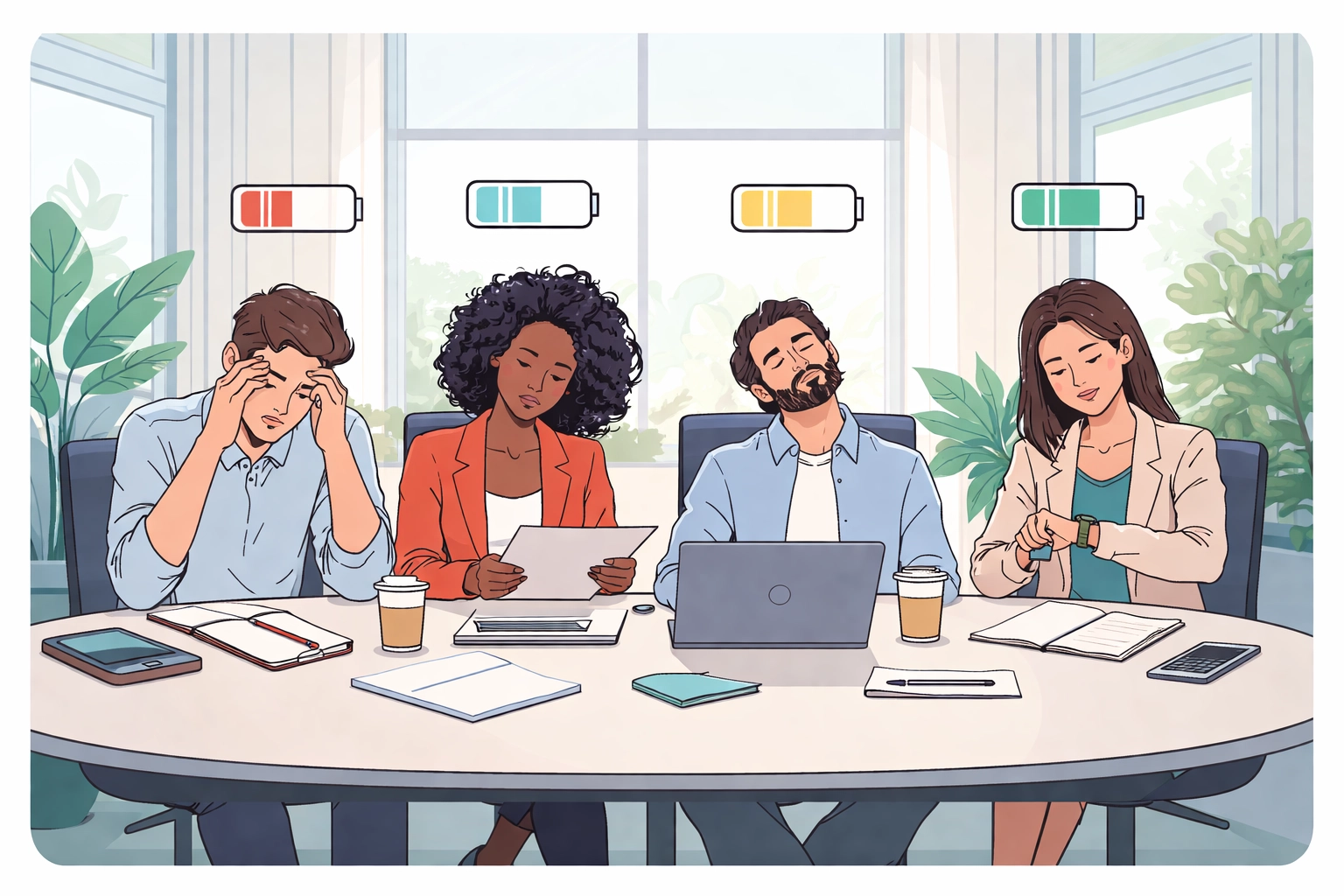 A diverse office team shows visible mental fatigue, illustrating cognitive fatigue and recovery needs.