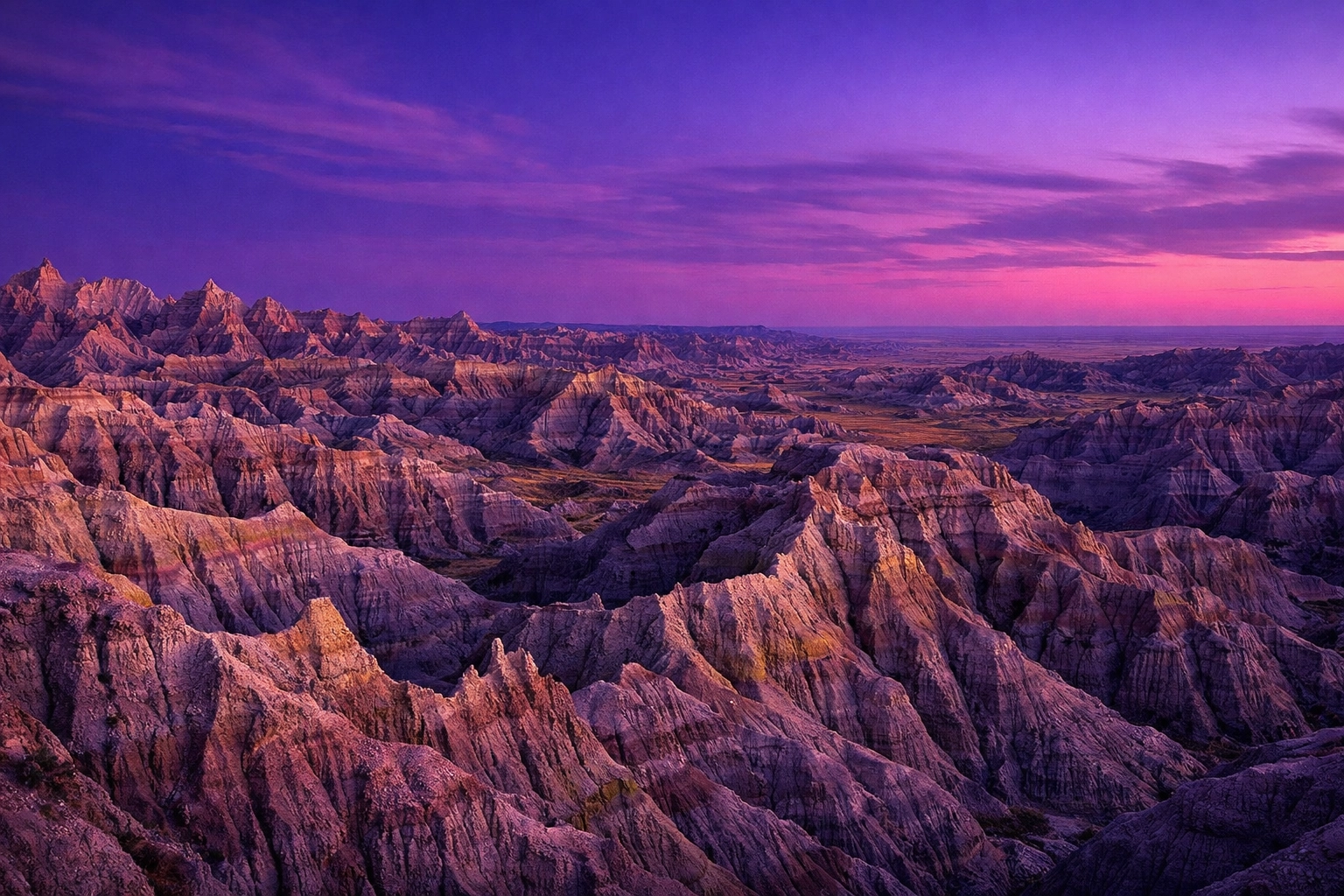 Sunset at Badlands National Park showcasing colorful rock layers and premier landscape photography spots.