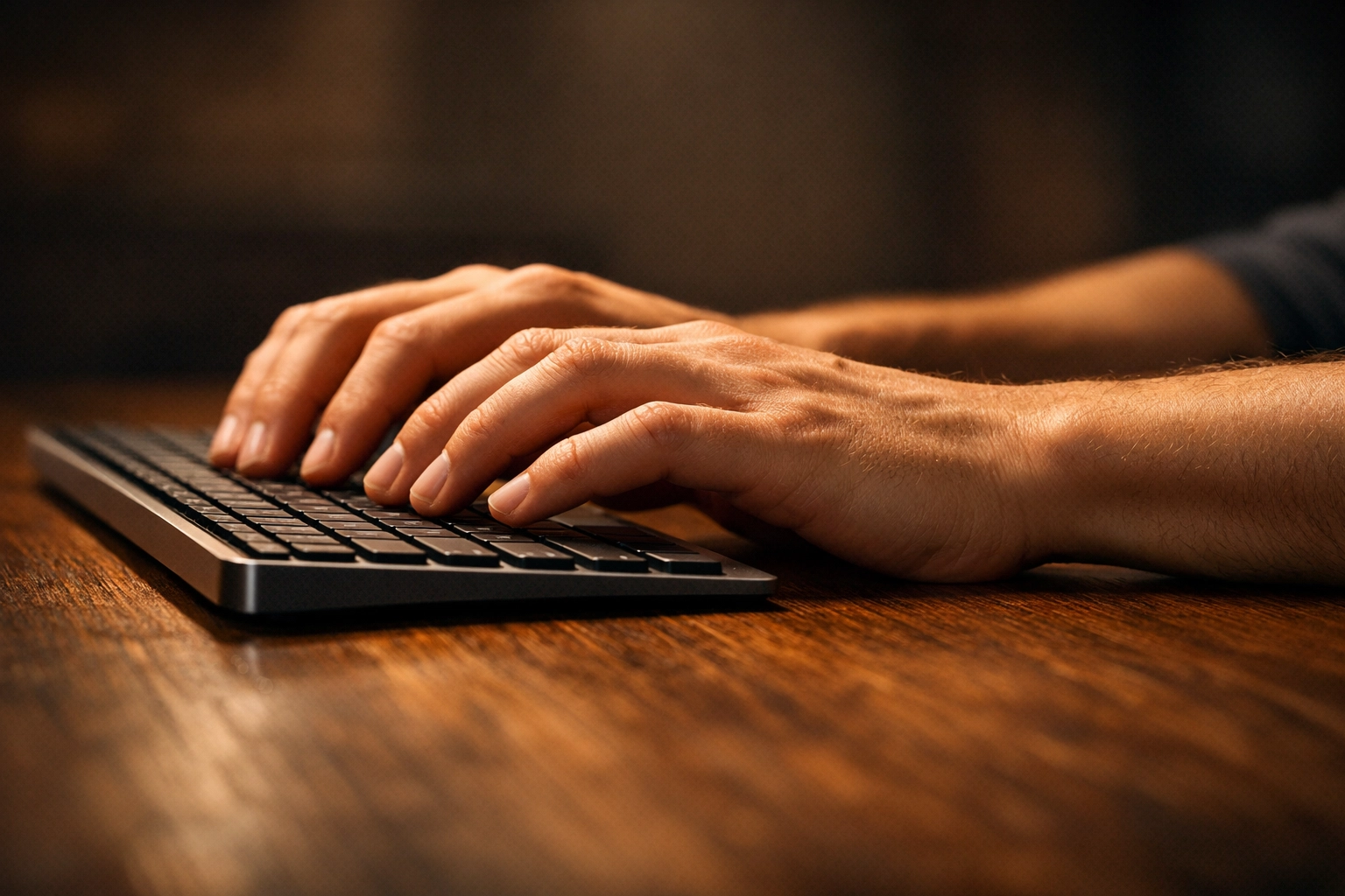 Correct wrist and forearm positioning on a flat keyboard for ergonomic desk work.
