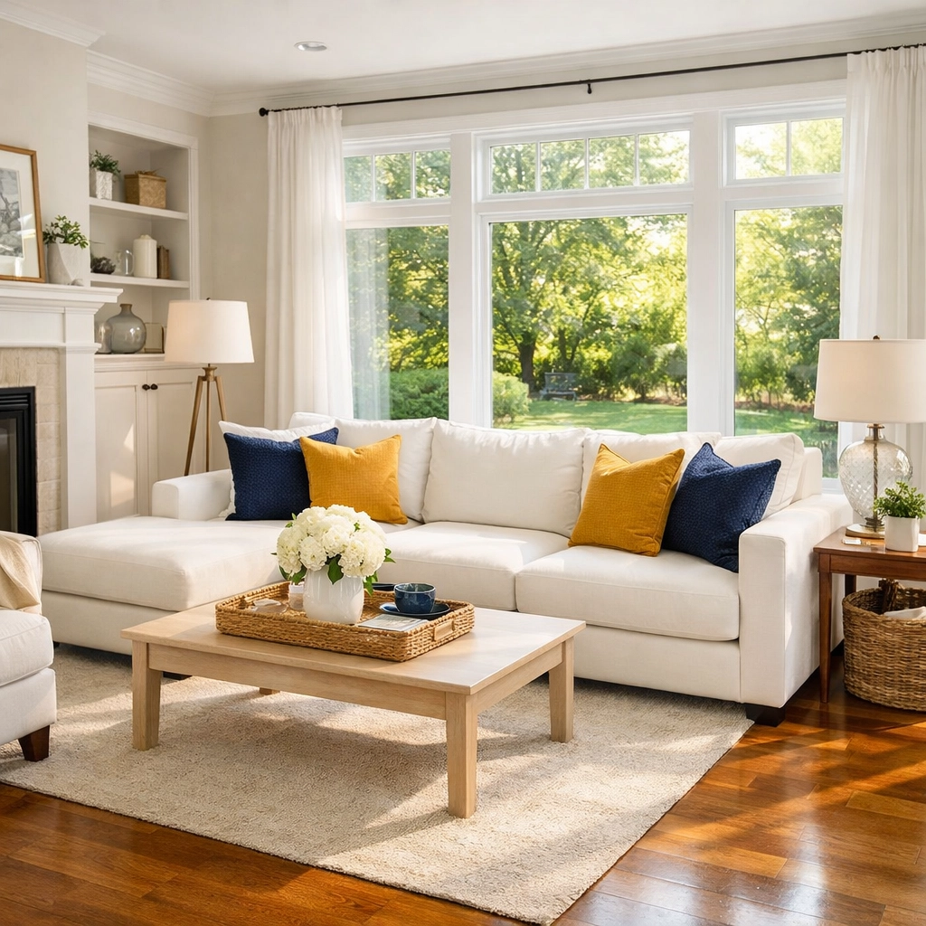Spotless living room in Burlington, MA, maintained by weekly house cleaning services.