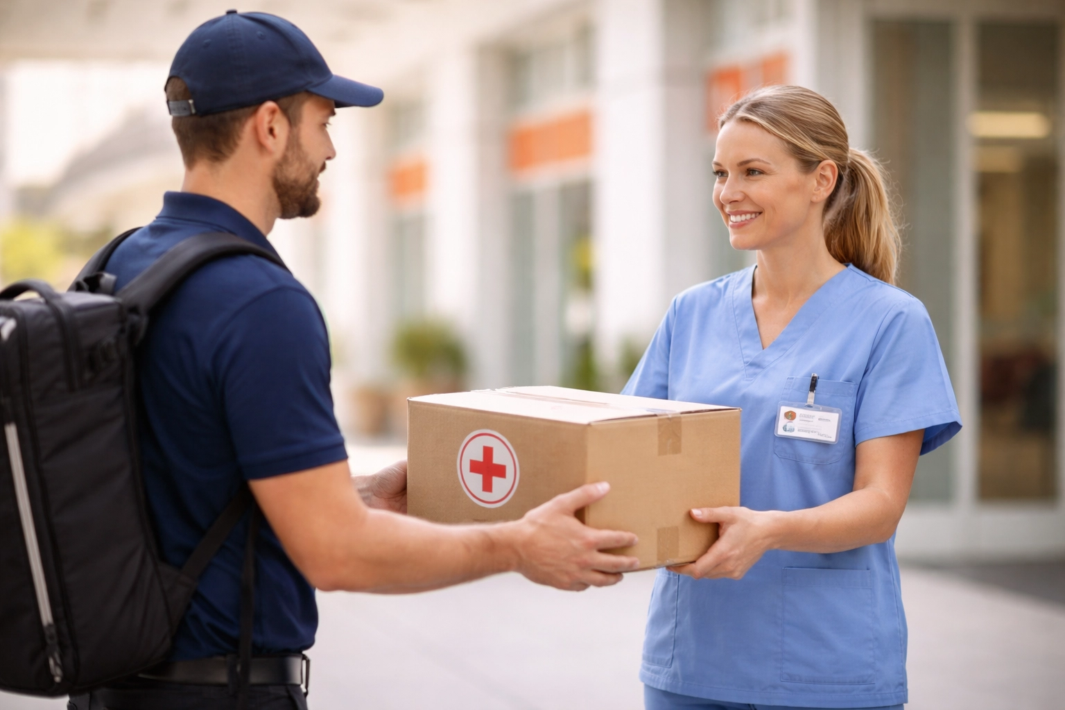 Courier delivers sealed box of surgical supplies to hospital staff, showcasing expedited delivery and reliability