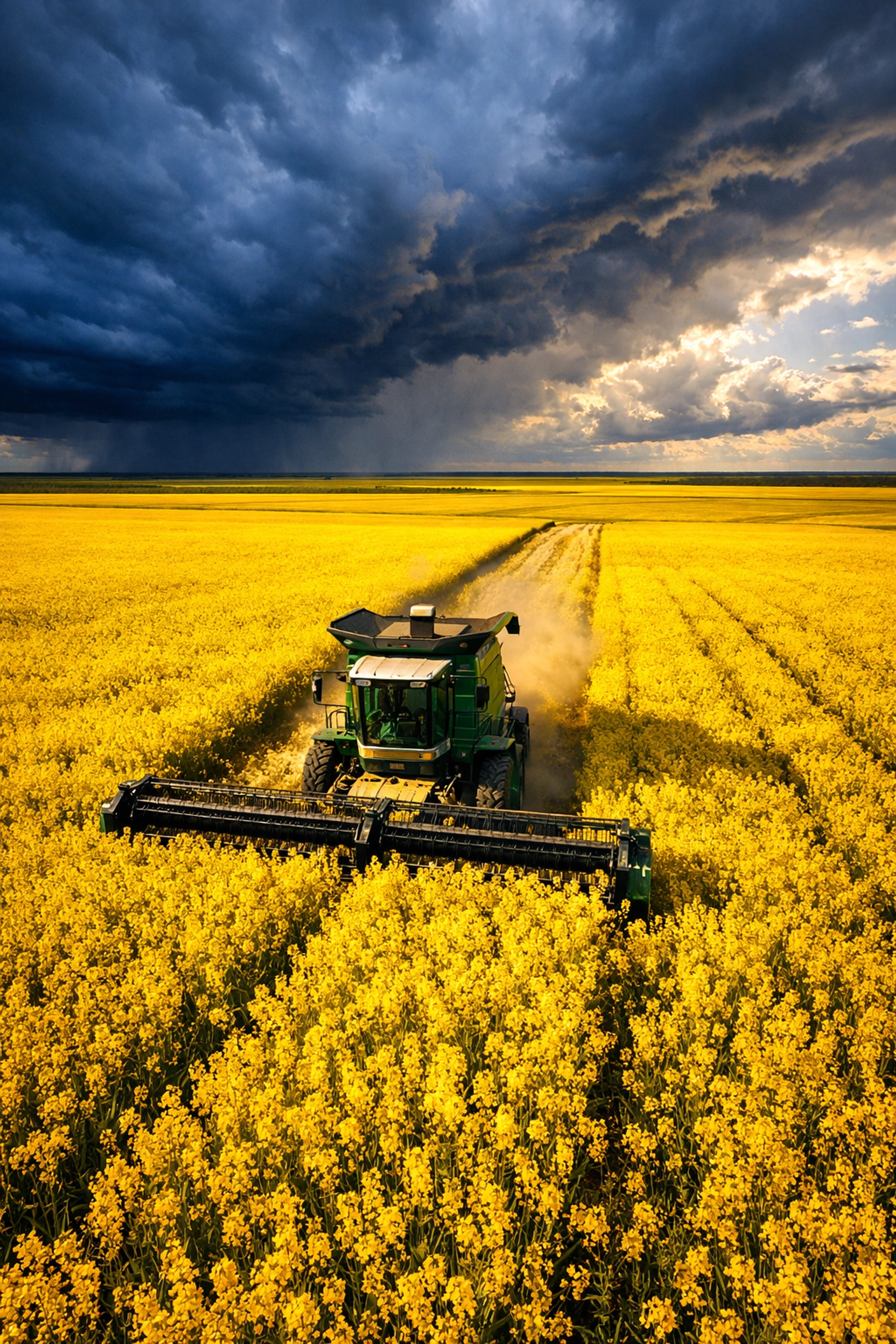 Saskatchewan canola field with combine harvester during harvest season