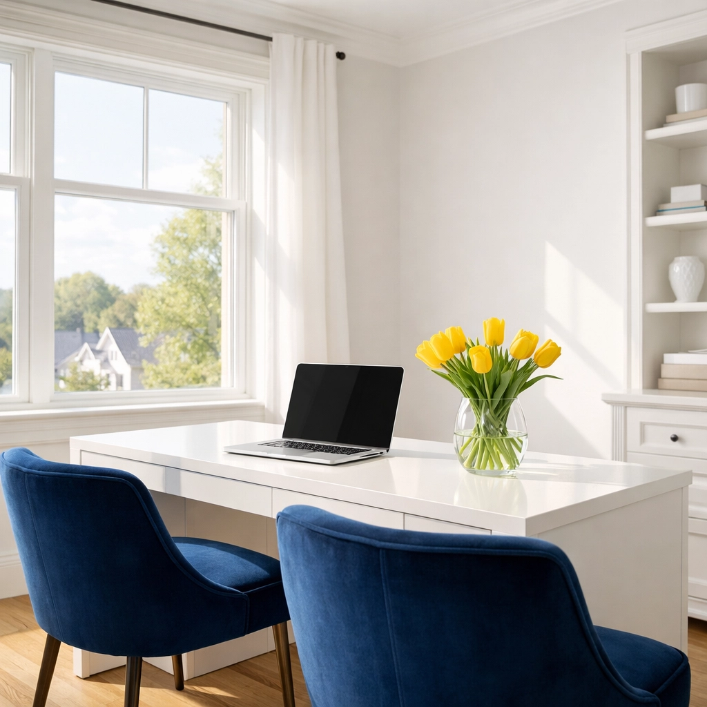 Clean and organized home office in Massachusetts showing the productivity benefits of a professional cleaning service.