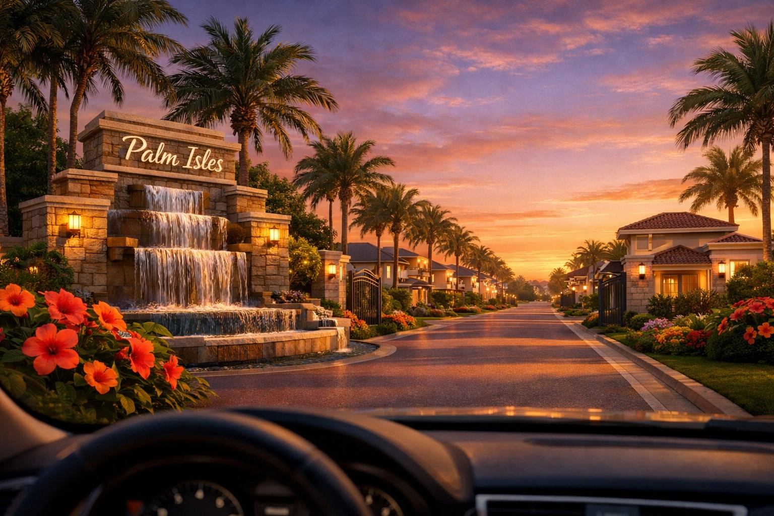 Luxury gated community entrance in South Florida featuring palm trees and modern neighborhood homes.