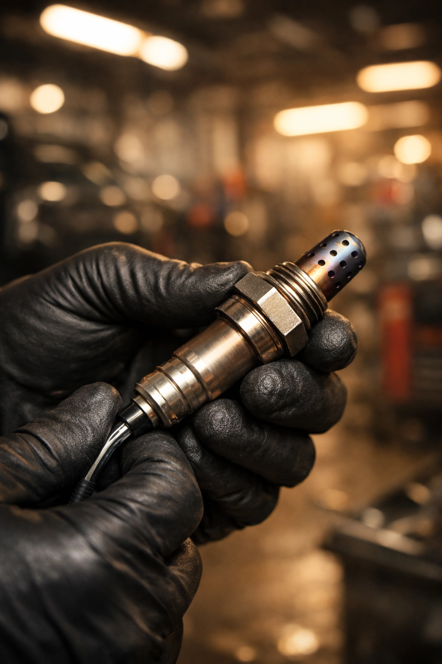 Indianapolis mechanic inspecting an oxygen sensor to fix check engine light issues.