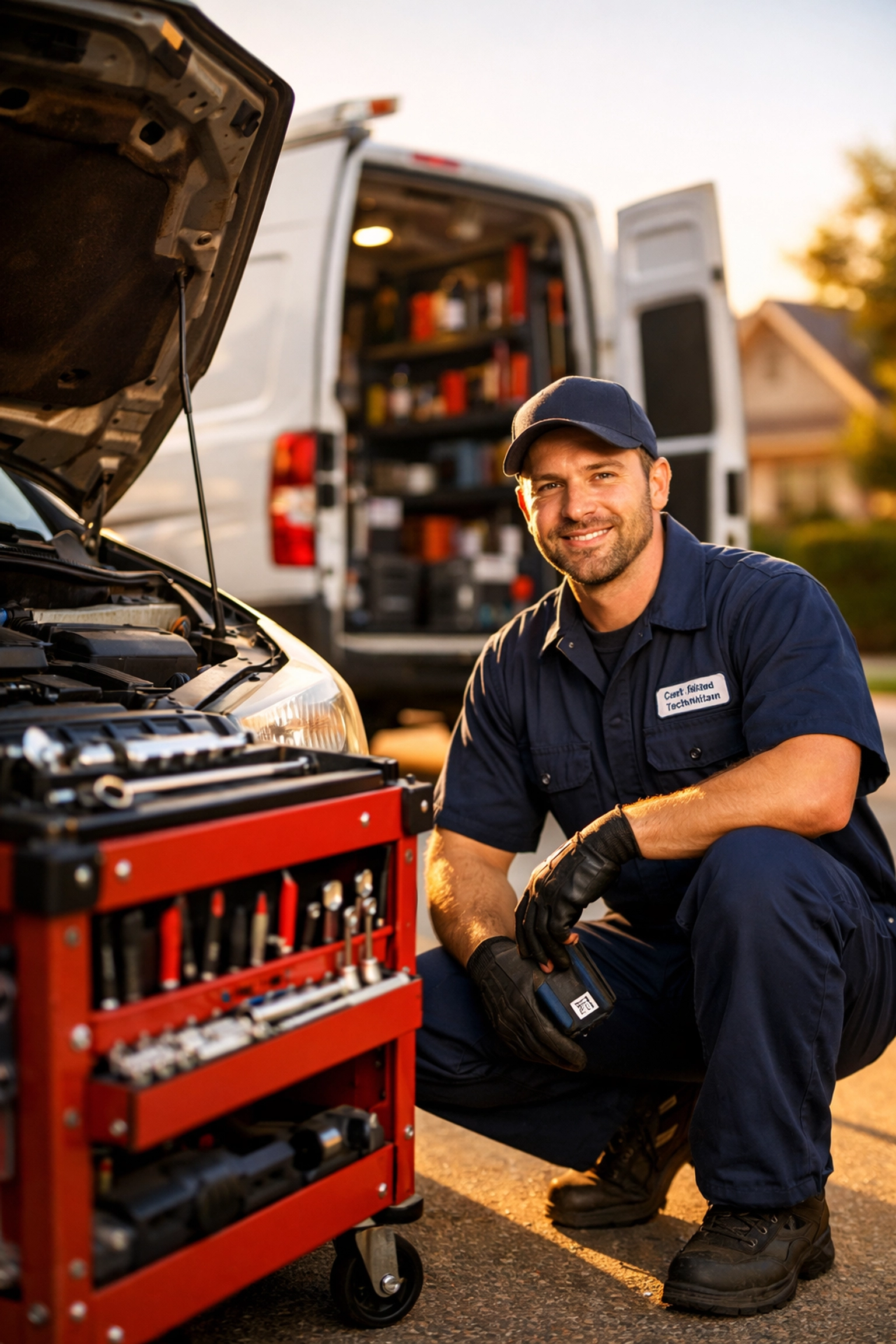 Mobile mechanic servicing car in Green Bay residential driveway with service van