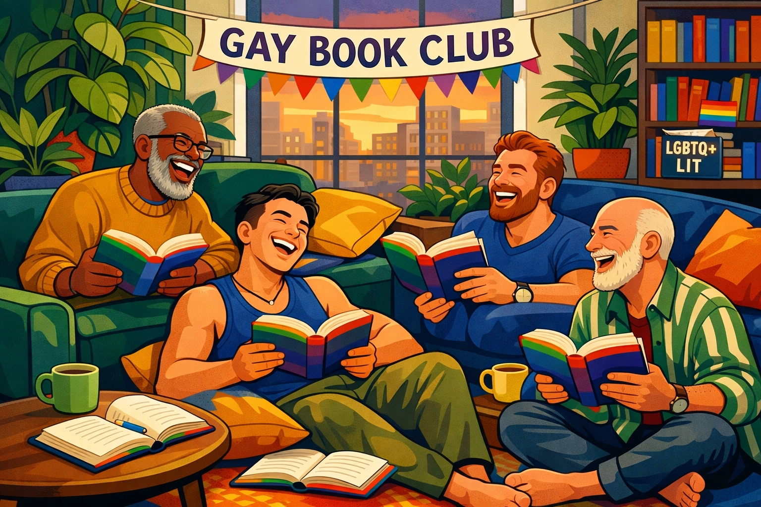 A diverse gay book club sharing heartfelt gay fiction and community in a cozy, modern apartment.