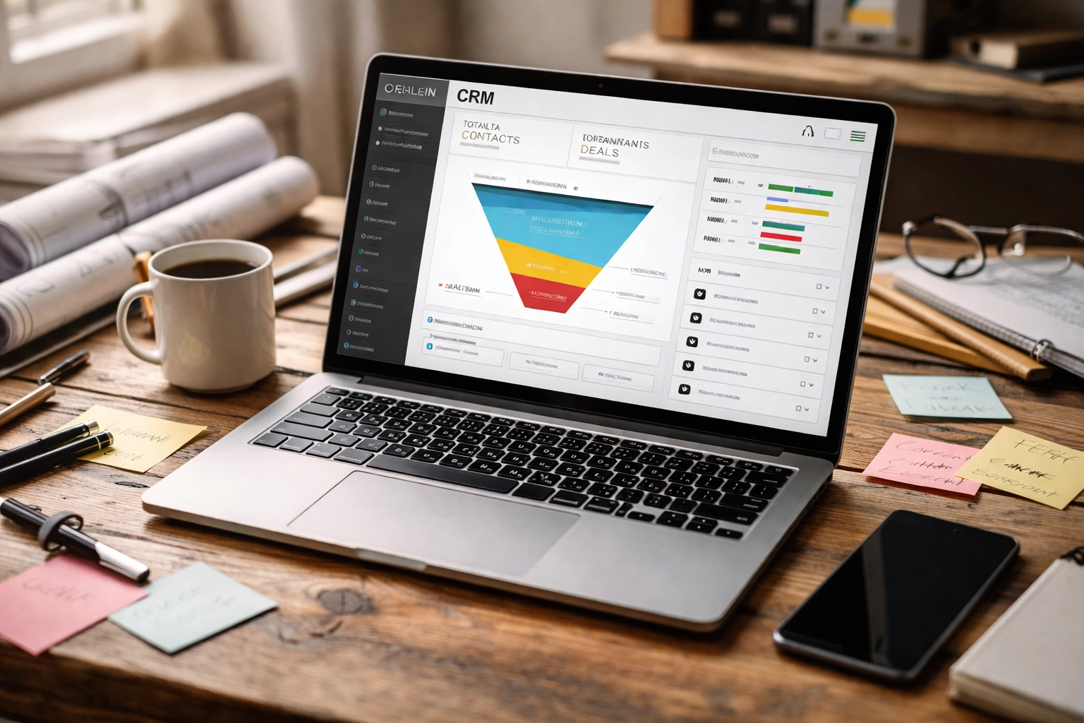 Contractor's desk showing a CRM dashboard, sticky notes, and smartphone for better contractor CRM setup.