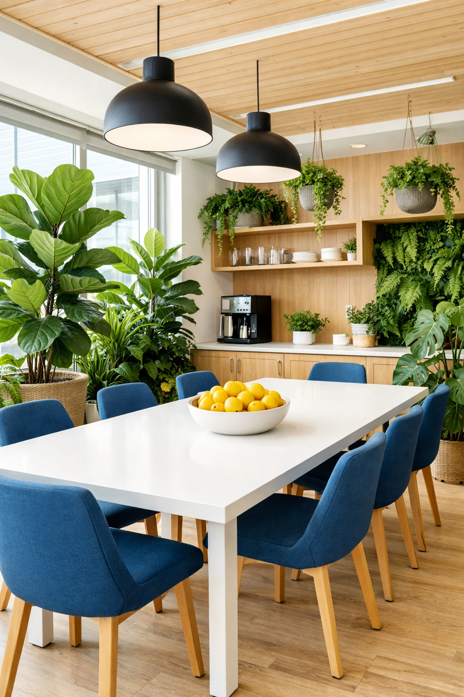 Sanitized and eco-friendly office breakroom with plants, reflecting professional cleaning standards in Canton.