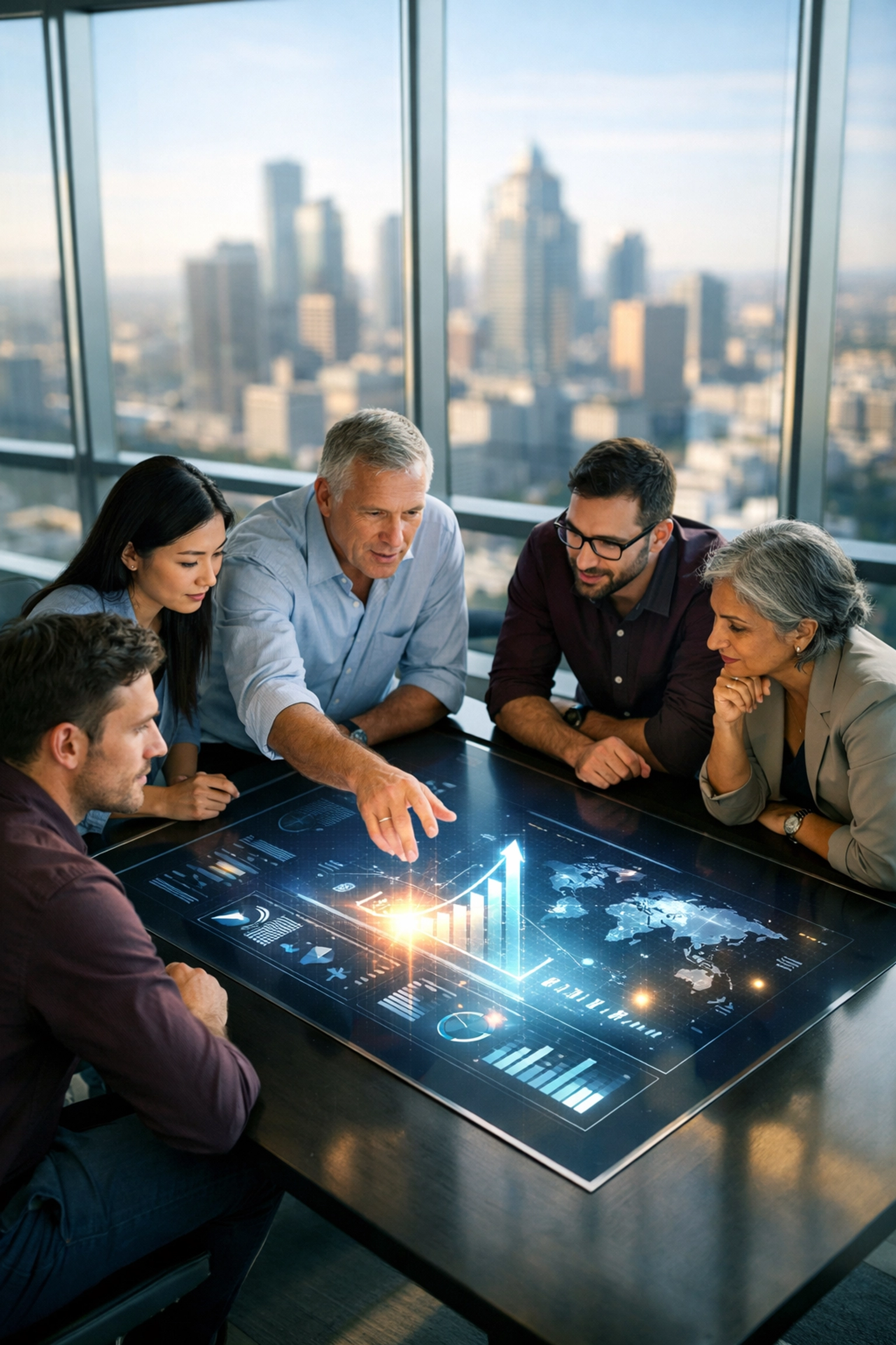 IT strategy team collaborating on ServiceNow implementation ROI in a modern boardroom.