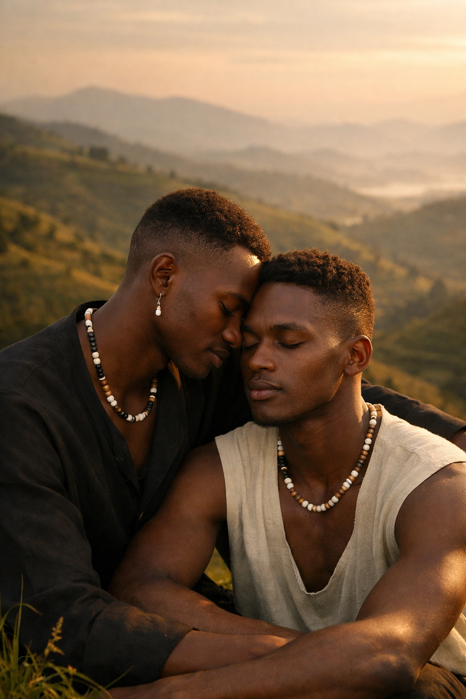 Two men sharing an intimate, quiet moment on a Rwandan hillside, symbolizing queer connection.