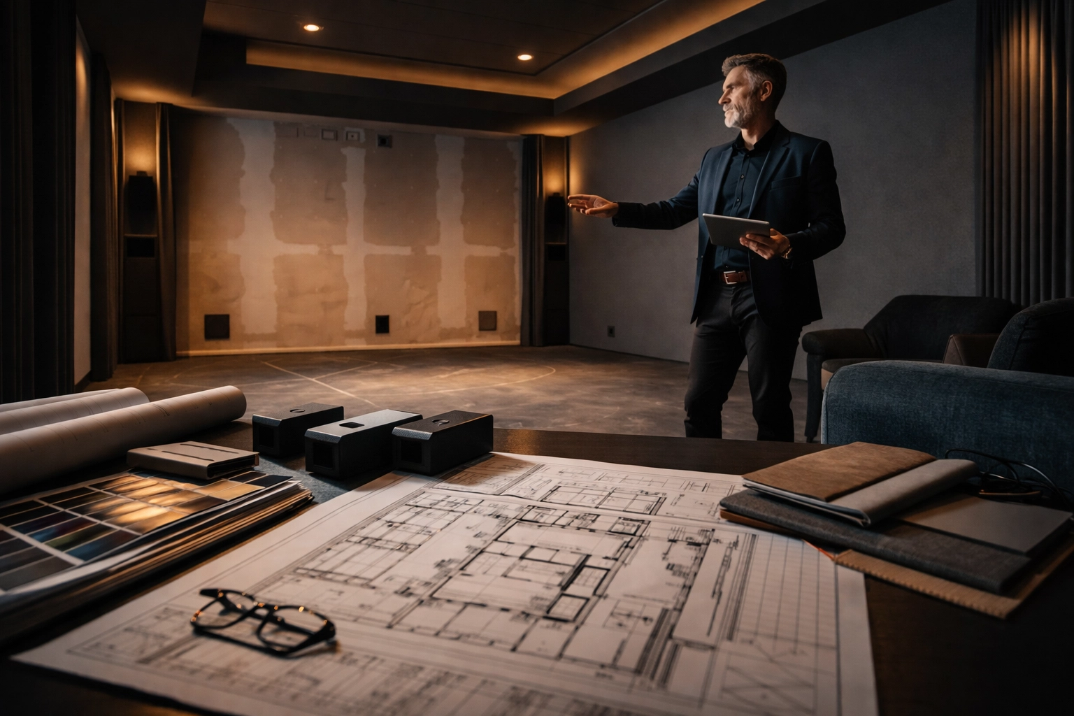 Luxury home theater consultation in progress with designer, blueprints, and acoustic plans for optimal installation