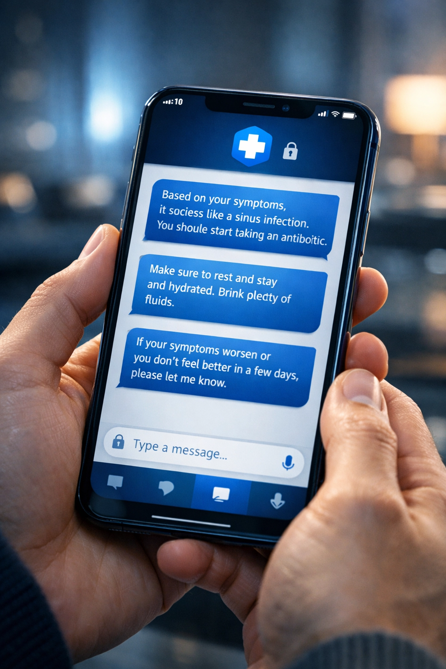 Close-up of a smartphone screen showing secure medical messaging for an online weight loss consultation.